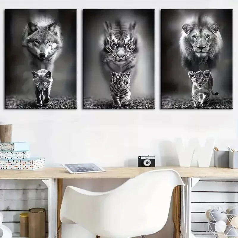 3-Piece Black & White Wildlife Wall Art Set - Wolf, Tiger & Lion Canvas Framed Prints (40x60cm) | High-Quality Australian Made Ready-to-Hang Decor for Living Room, Bedroom & Office