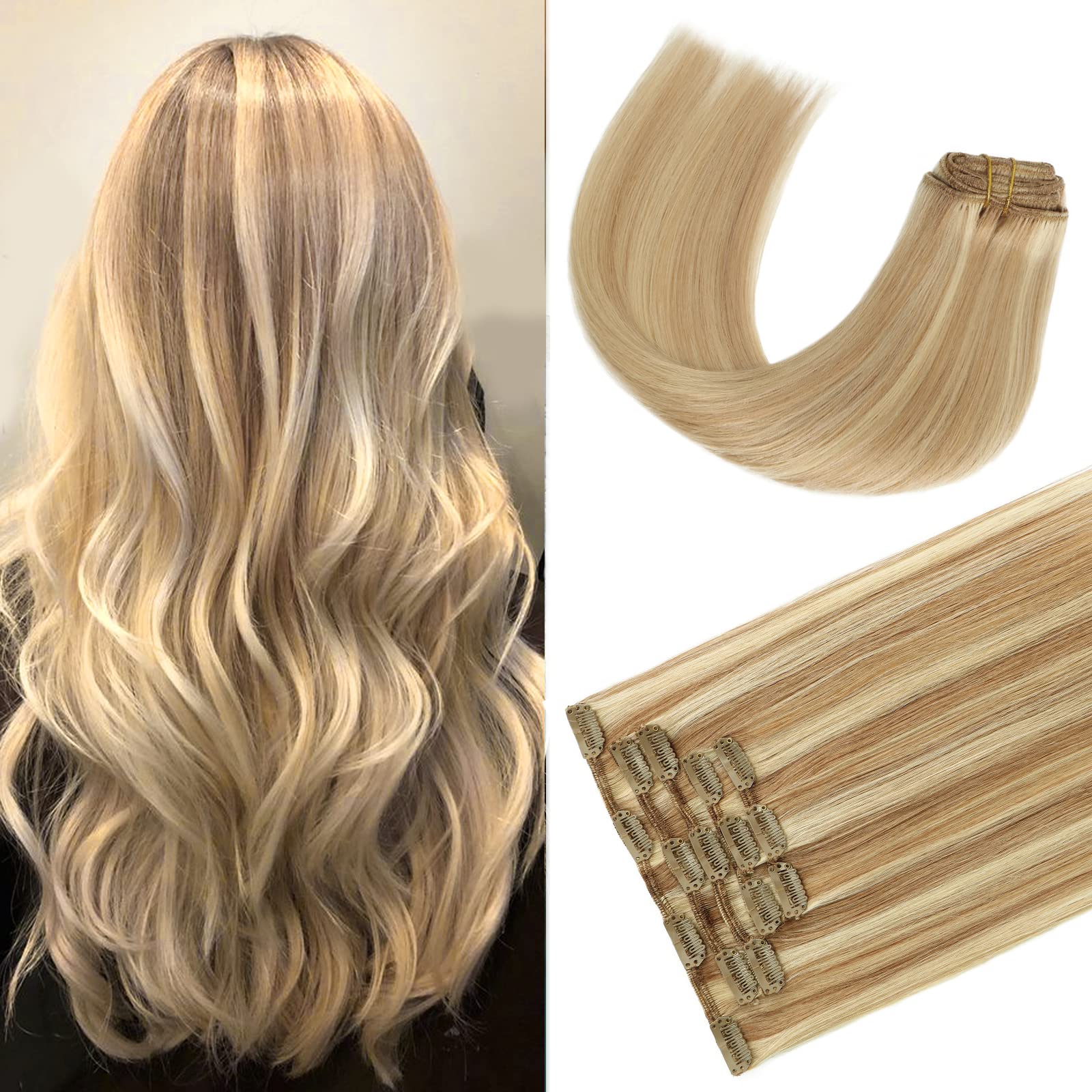 Golden Brown Clip in Hair Extensions with Bleach Blonde Highlights - 15 Inch Real Human Hair, 70g Straight & Soft for Everyday Styling & Special Occasions