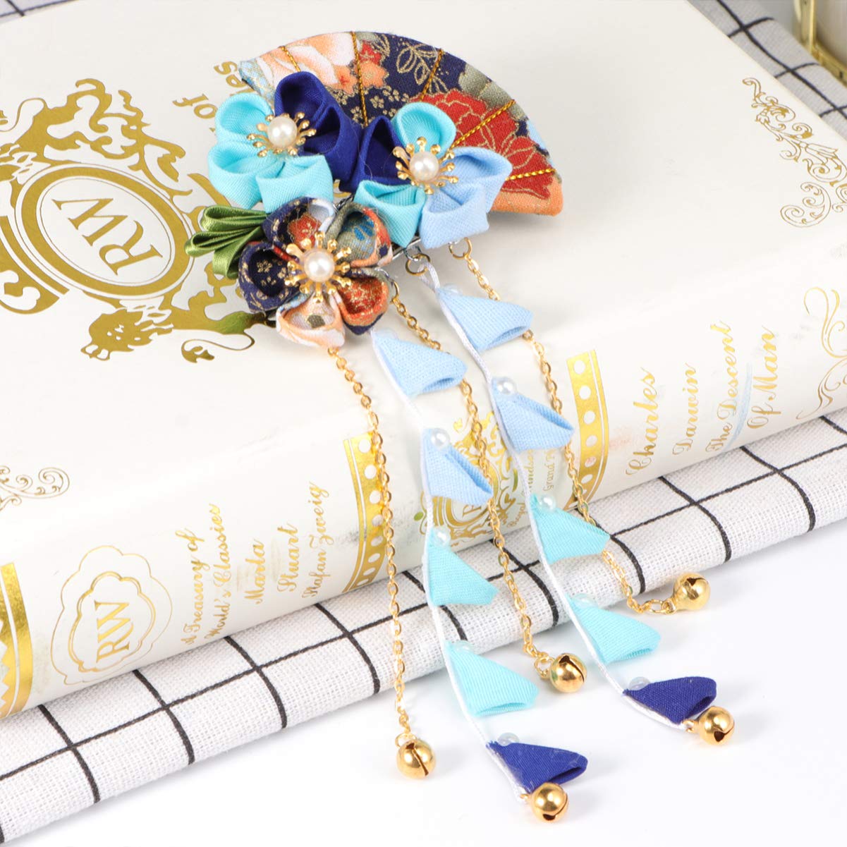 Japanese Kimono Flower Hair Clips with Tassel - Traditional Kanzashi Hair Ornaments for Women (Blue) | Elegant Hair Accessories for Weddings, Tea Ceremonies & Cosplay
