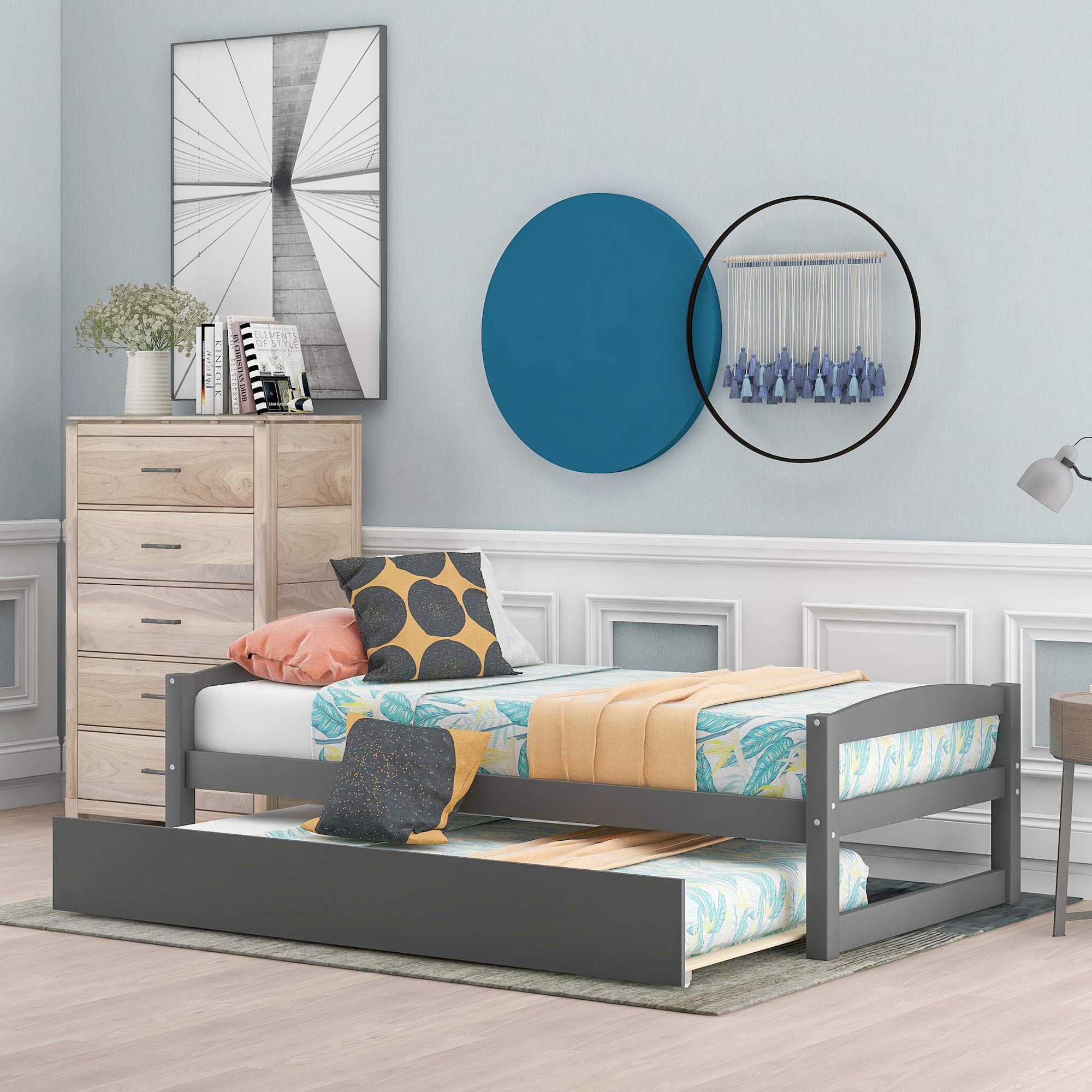 Flieks Twin Size Wooden Daybed Frame with Pull-Out Trundle - Grey Captains Bed for Guest Room, Kids Room & Small Spaces - Sturdy Daybed with Storage Trundle Perfect for Sleepovers, Dorm Rooms & Apartments