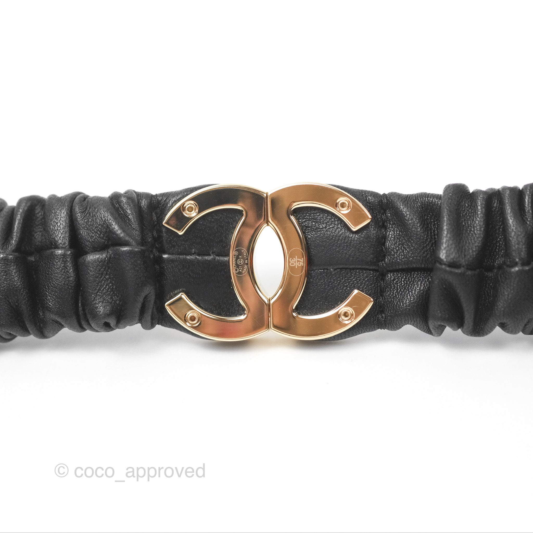 Chanel CC Ruched Belt in Black Lambskin Leather with Gold-Tone Hardware 21K - Luxury Designer Waist Belt for Women, Perfect for Evening Dresses & Special Occasions