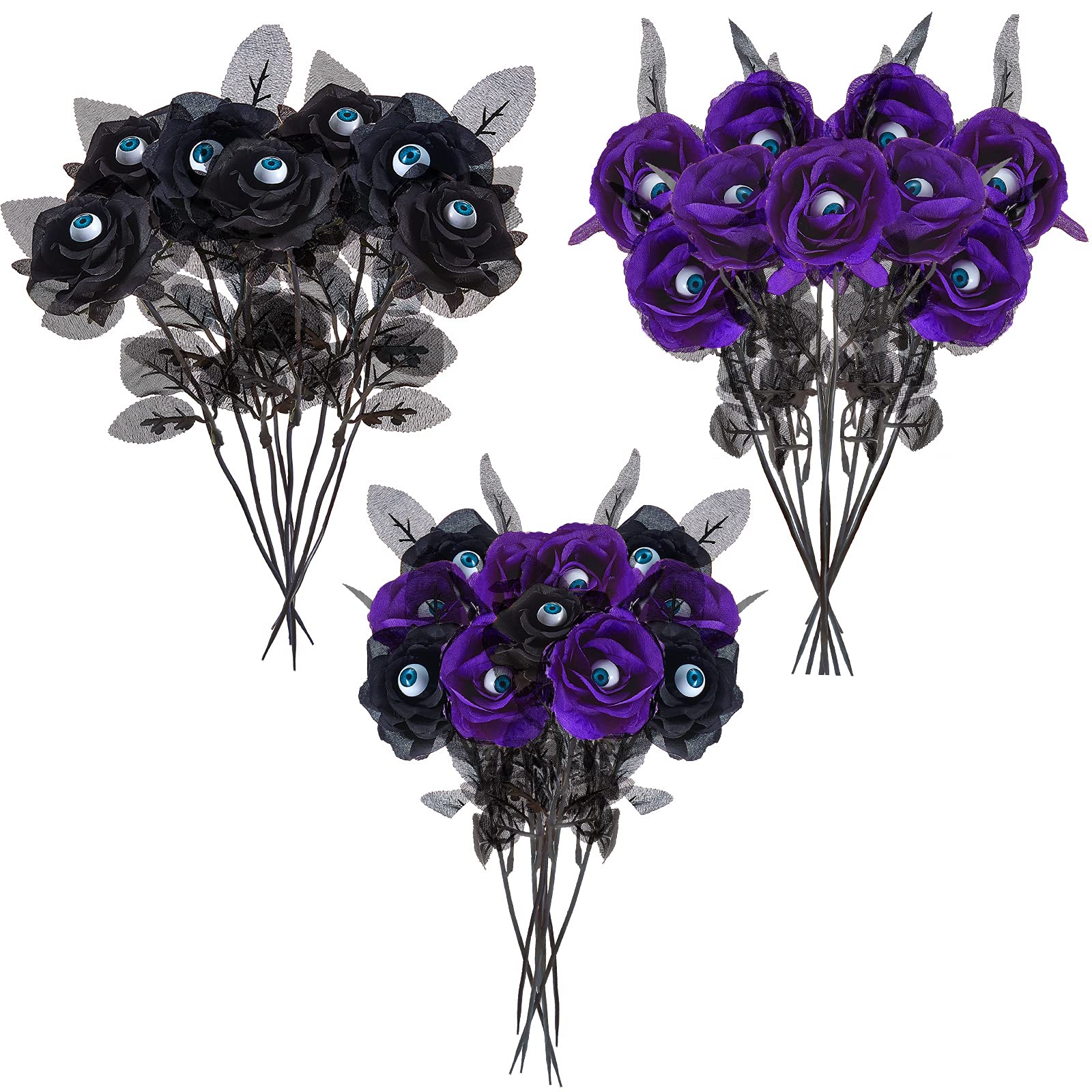 MTLEE 12-Pack Halloween Eyeball Flowers - Artificial Silk Roses with Creepy Eyeballs for Gothic Decor, Halloween Party Supplies, Home Decoration (Black & Purple) - Perfect for Spooky Centerpieces, Haunted House Props & Gothic Wedding Bouquets