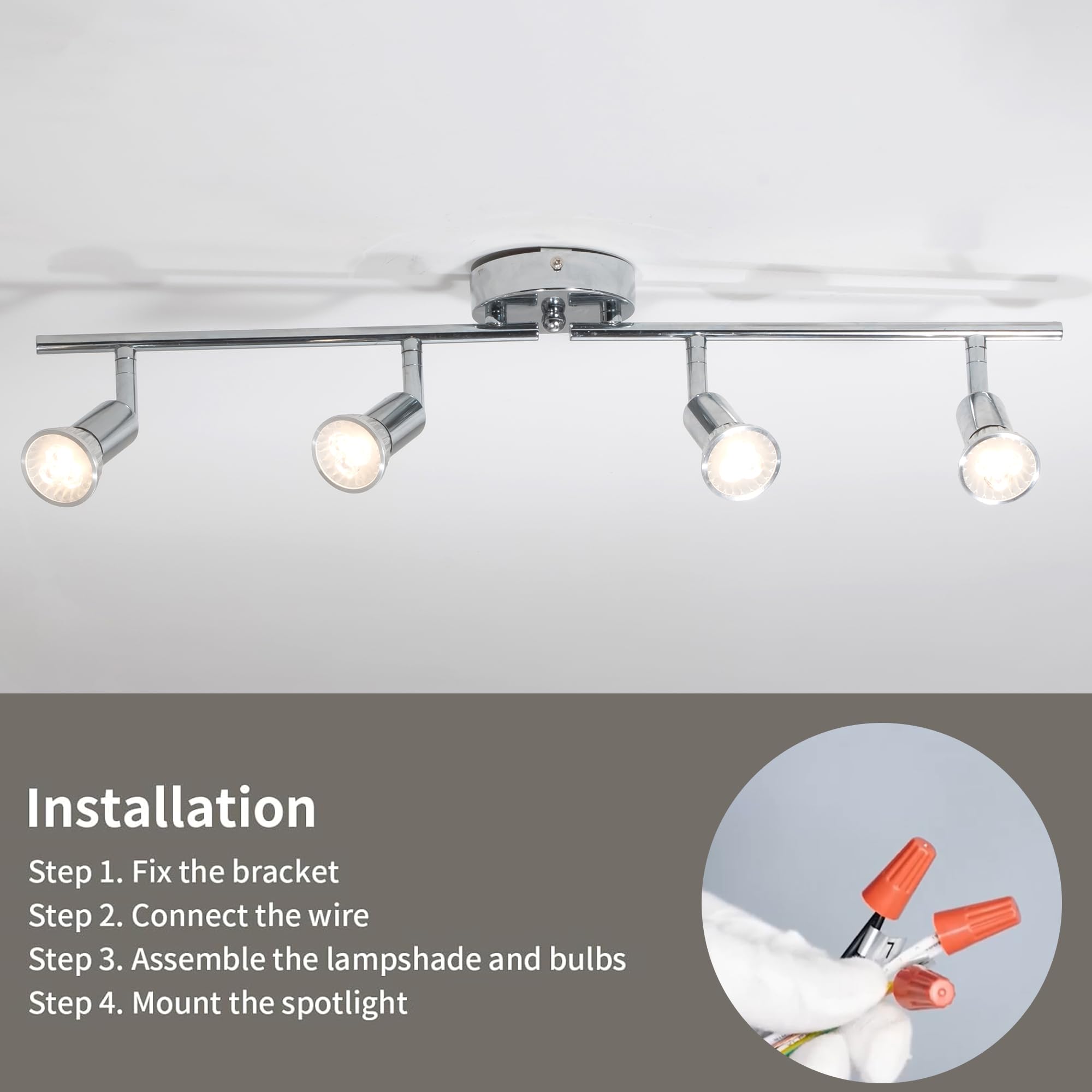 QCYUUI Modern 4-Light LED Track Lighting Kit - Adjustable Flush Mount Ceiling/Wall Spot Lights with Chrome Rotatable Heads - Includes 4×GU10 Bulbs - Perfect for Kitchen, Living Room, Dining Room & Retail Spaces