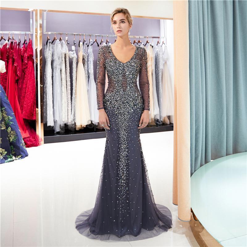 Elegant Navy Blue Rhinestone Beaded Mermaid Prom Dress with Long Sleeves - Formal Evening Gown for Homecoming, Ball, Wedding & Special Occasions