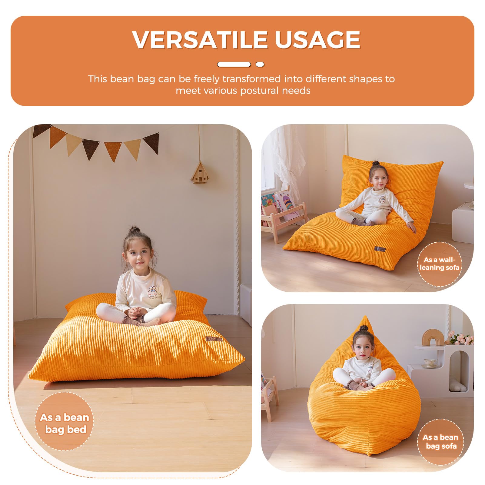 MAXYOYO 3-in-1 Convertible Kids Bean Bag Chair & Bed - Multi-Functional Floor Sofa for Children's Room, Gaming & Reading - Soft & Comfortable Orange Lounge Furniture for Playroom, Dorm or Nursery
