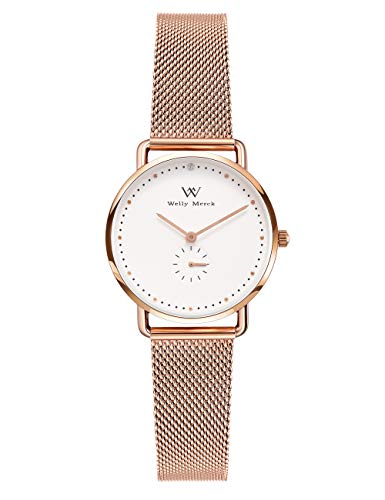 WM WELLY MERCK Women's Stainless Steel Watch - Water Resistant Swiss Quartz Movement, Minimalist Luxury Design with 34MM Ultra Thin Case, Domed Glass & Leather Mesh Band - Perfect for Office, Business Meetings and Everyday Elegant Wear