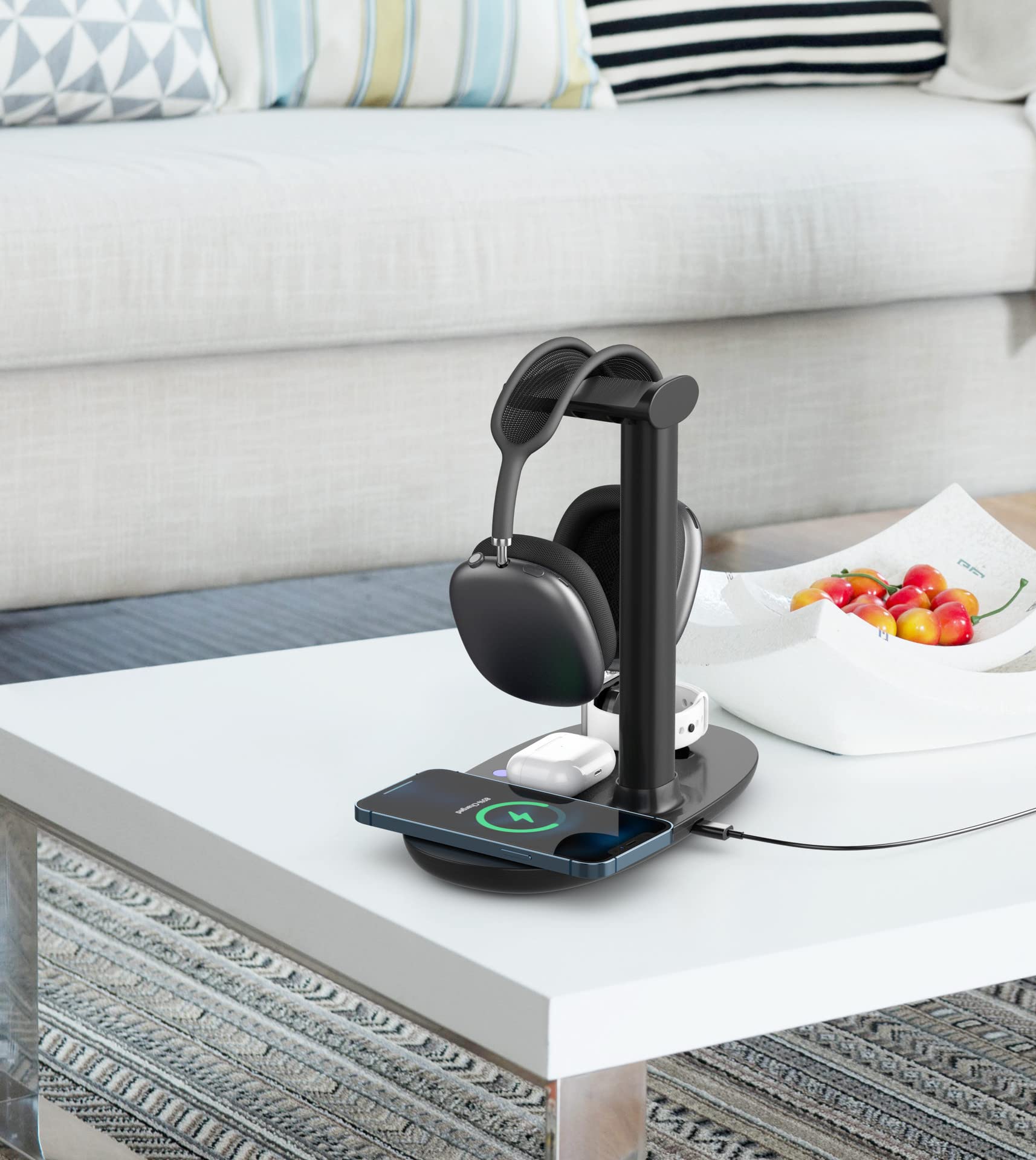 Navor 5W Wireless Charging Dock Station & Headphone Stand - 4-in-1 Charging Hub for iPhone, AirPods, Smartwatch & Gaming Headsets - Premium Aluminum Headphone Holder with Fast Charging - Perfect for Home Office, Gaming Setup & Workspace Organization