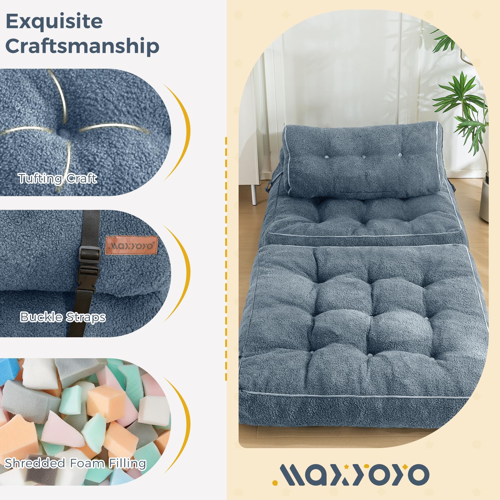 MAXYOYO Fuzzy Sofa Bed - Convertible Sleeper Chair with Pillow in Dusty Blue | Comfortable Foldable Couch for Small Spaces, Guest Room & Apartment Living