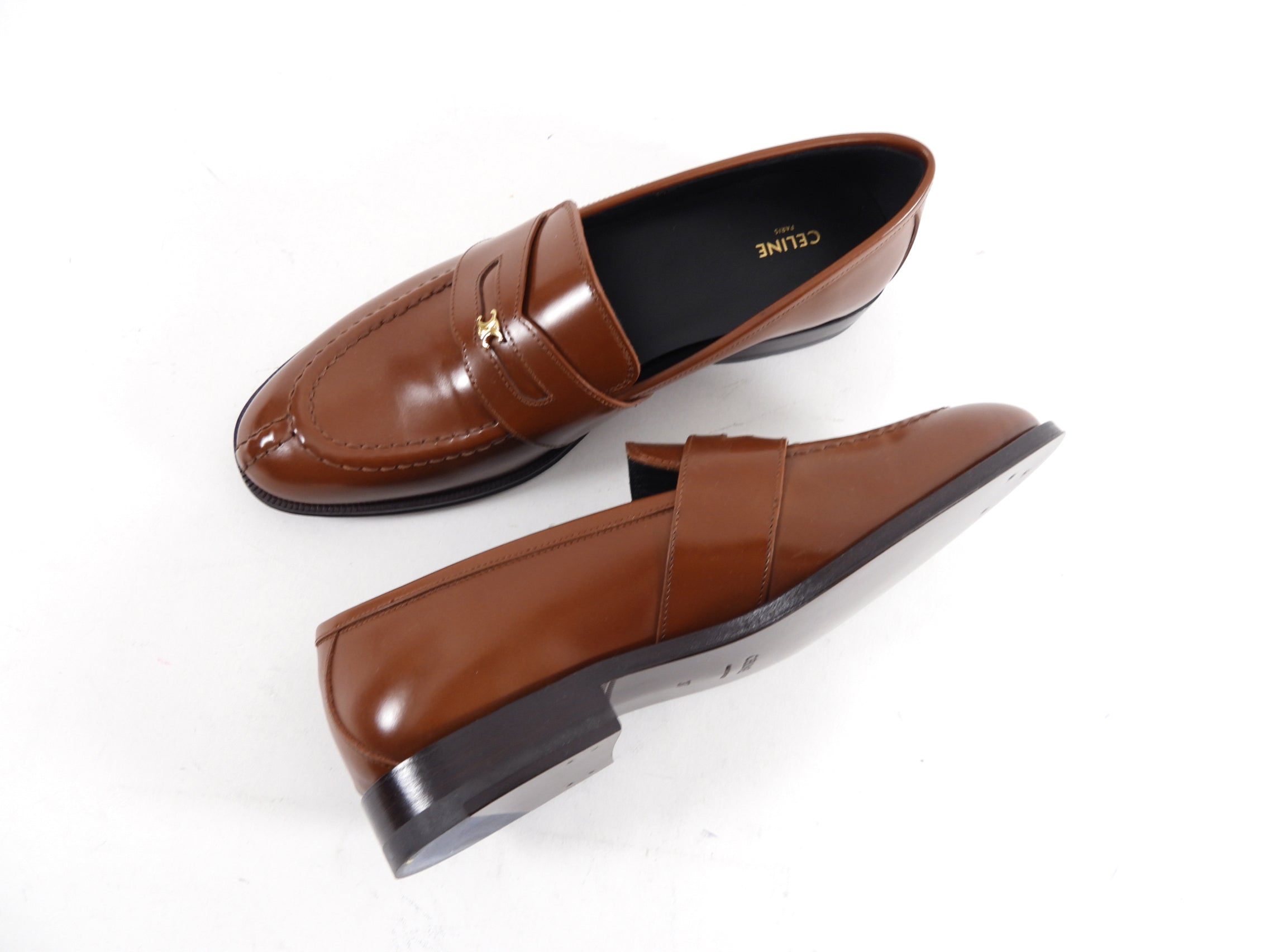 Celine Tan Polished Leather Triomphe Loafers Size 37 | Women's Luxury Slip-On Shoes for Office, Travel & Casual Wear