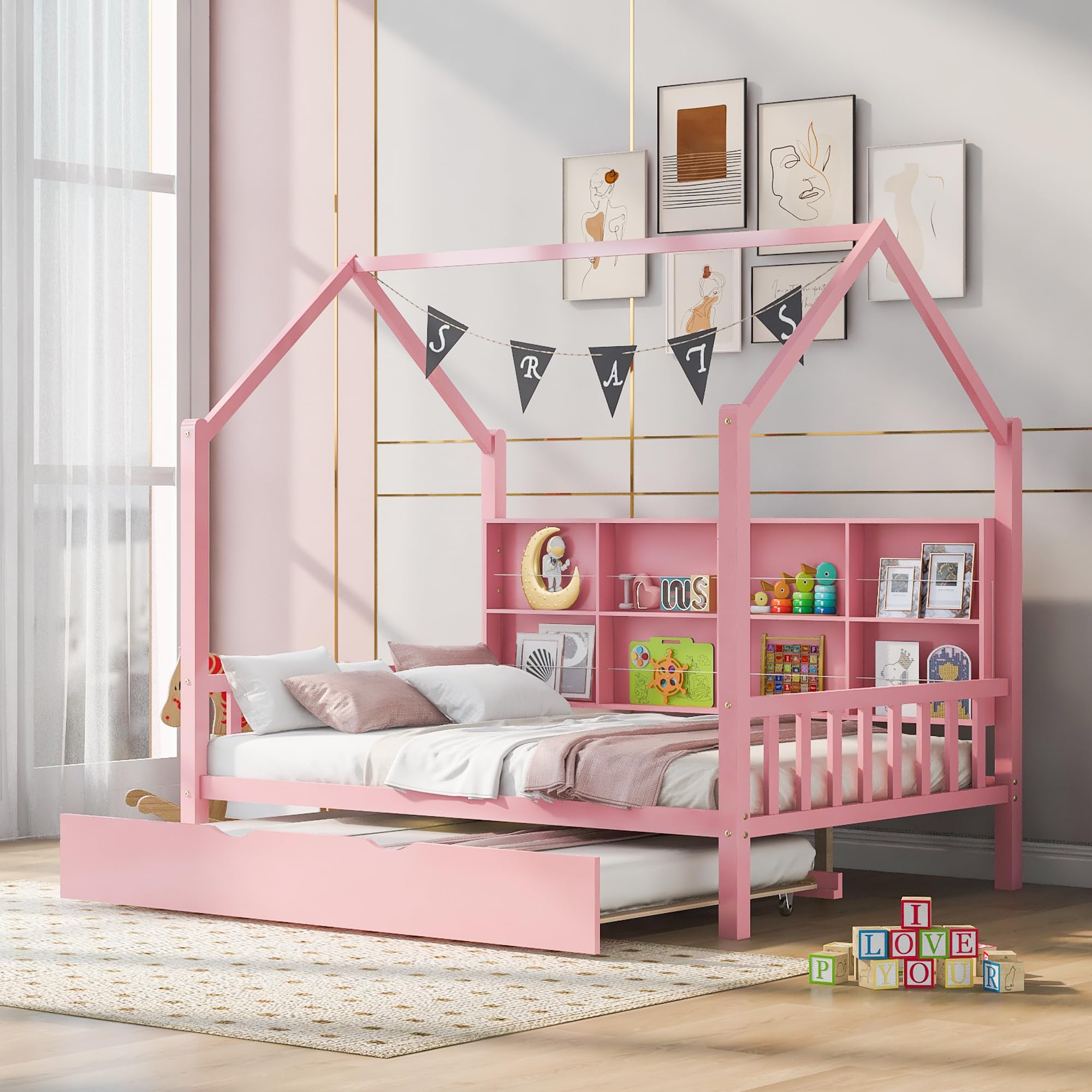Montessori Full Size House Bed with Trundle & Storage Shelves - Solid Wood Playhouse Bed Frame with Roof Tent for Kids, Teens, Boys & Girls (Pink) - Perfect for Bedrooms, Playrooms & Montessori Learning Spaces