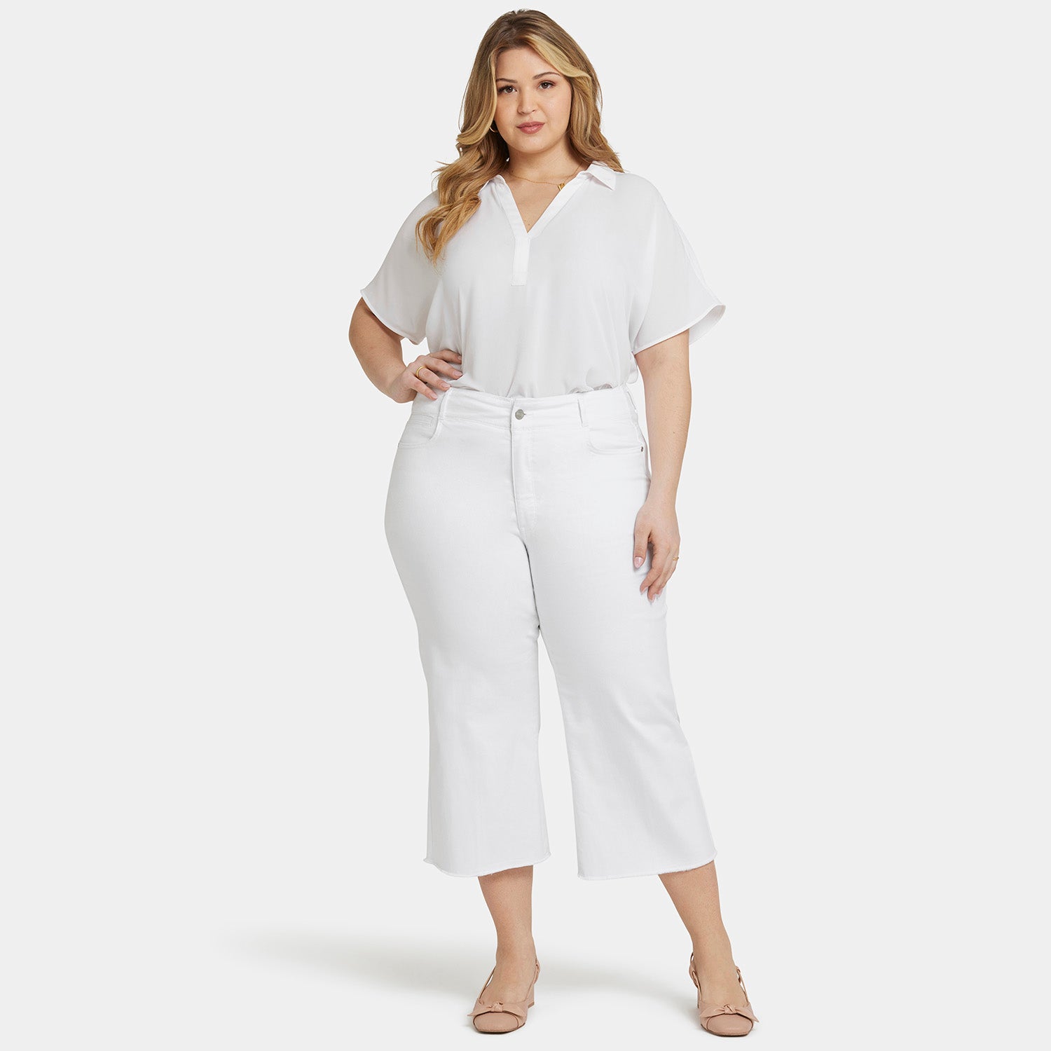 Brigitte Wide Leg Capri Jeans for Women - Plus Size Stretch Denim Pants in Optic White | Casual Comfort for Everyday Wear & Summer Outfits