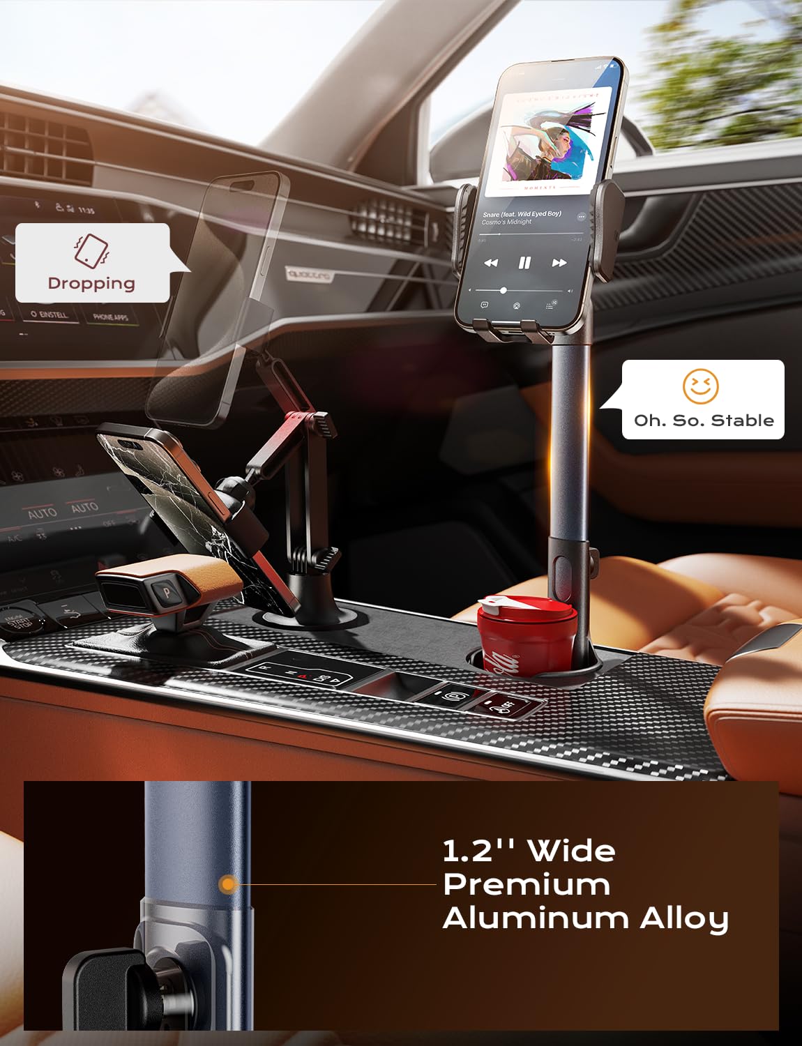 2 in 1 Car Cup Holder & Phone Mount - Universal Aluminum Alloy Car Phone Holder for 2.5-4