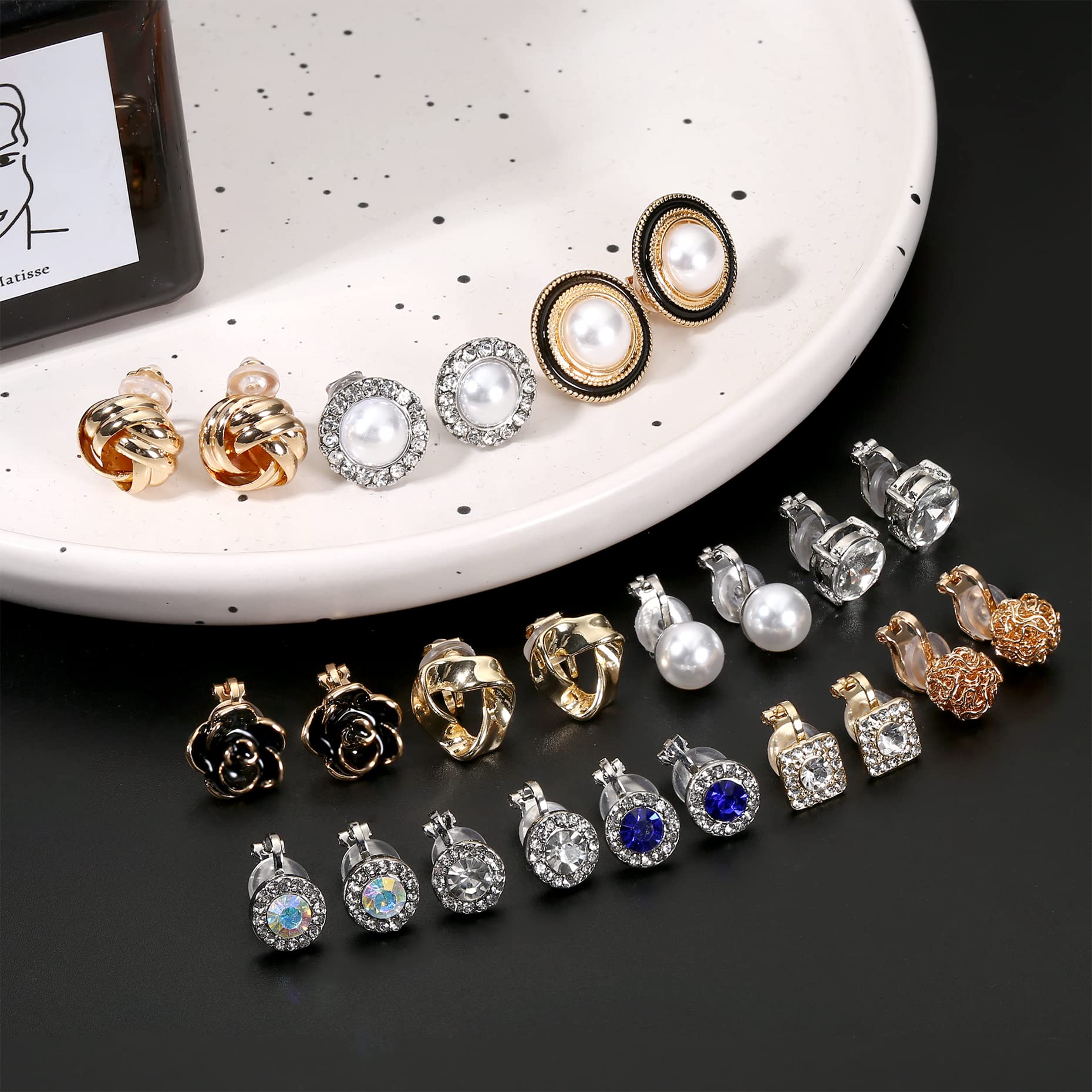 JeweBella 12 Pairs Hypoallergenic Clip-On Earrings for Women & Girls - Non-Pierced Zircon Pearl Crystal Jewelry in Silver & Gold | Perfect for Weddings, Parties & Everyday Wear