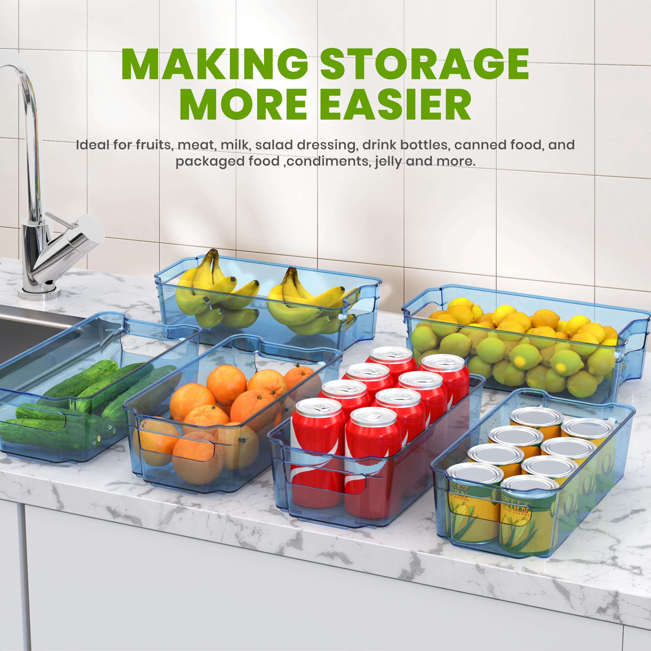 Utopia Home - 8 Pack Stackable Refrigerator Organizer Bins for Fridge & Pantry Storage - Kitchen Organization Containers for Fruits, Vegetables & Snacks - Durable Plastic Storage Bins in Blue - Perfect for Home, Office & Dorm Organization