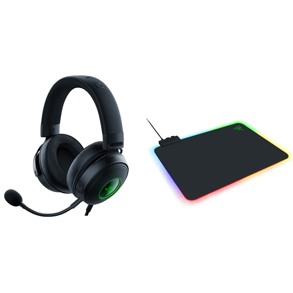 Razer Kraken V3 HyperSense Wired USB Gaming Headset with Leatherette Memory Foam Cushions & Detachable Mic | Firefly Hard V2 RGB Gaming Mouse Pad | Perfect for PC, PS5, Xbox Series X Gaming Setup & Streaming