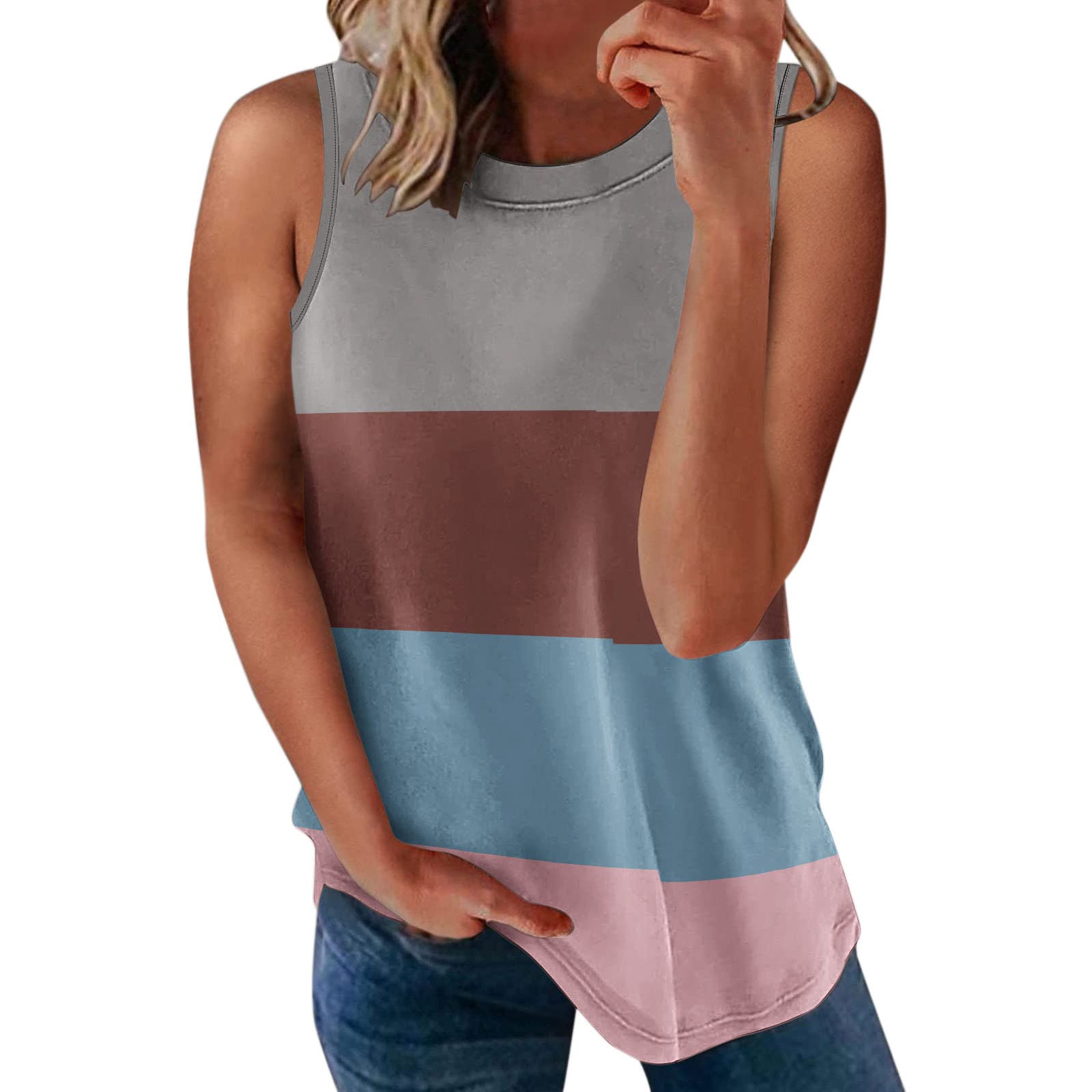 Women's Sleeveless Scoop Neck Workout Tops - Color Block Patchwork Athletic Shirt, Loose Fit Summer Blouse for Gym, Yoga, Running & Casual Outings