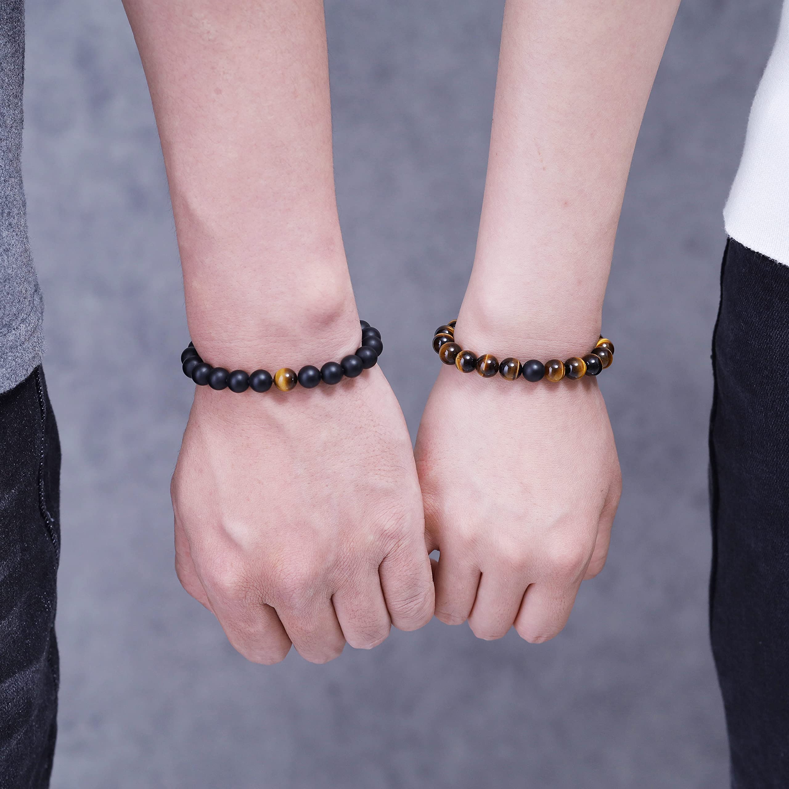 COAI Long Distance Onyx Stone Matching Couples Bracelets - Romantic Gift for LDR Couples, Anniversary & Valentine's Day - Unisex Black Stone Bracelet for Him & Her