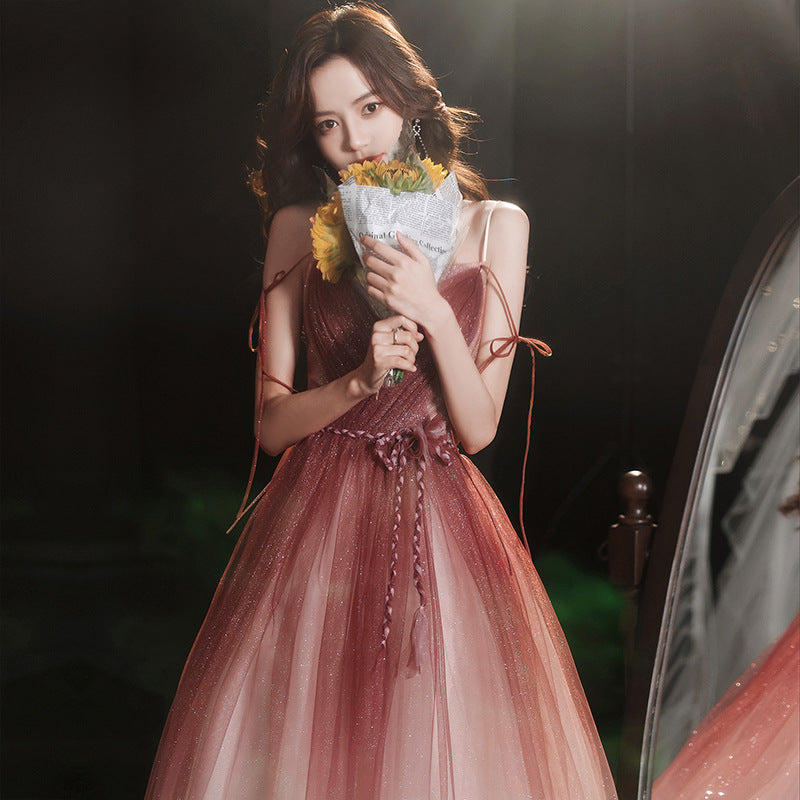 Elegant Burgundy Gradient Long Prom Dress A-Line Shiny Evening Gown for Formal Events - Perfect for Homecoming, Wedding, and Special Occasions