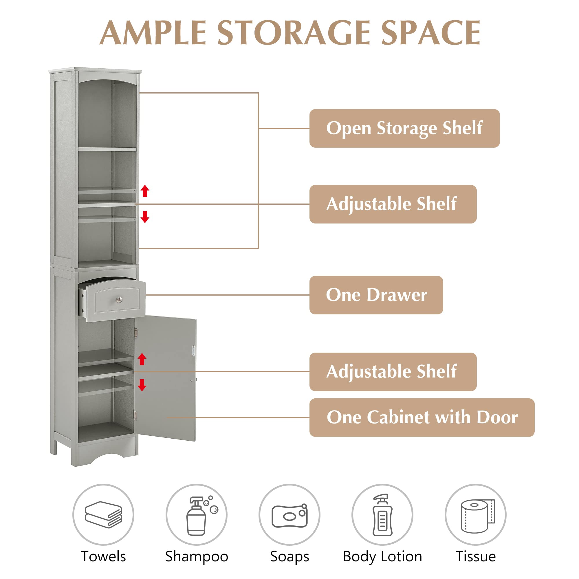 Freestanding Bathroom Storage Cabinet with Doors, Drawer & Shelves - Slim Narrow Linen Tower Organizer for Towels & Toiletries (Grey) - Perfect for Small Bathrooms, Apartments & Powder Rooms