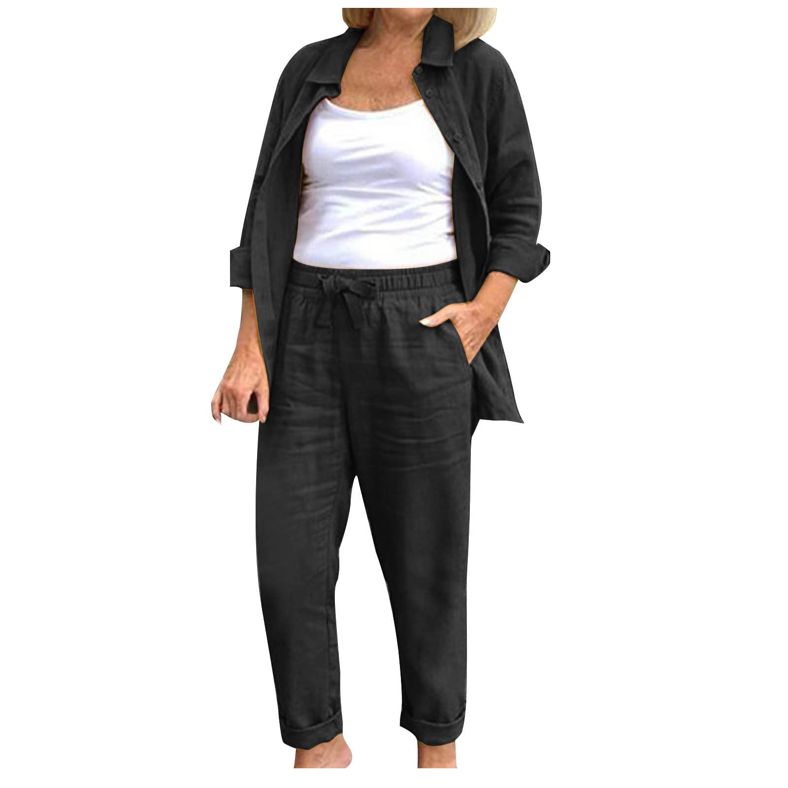 YMADREIG Women's 2-Piece Linen Outfit - Long Sleeve Button Down Shirt & Baggy Pants Set | Summer Casual Gauze Lounge Wear for Home, Travel & Beach
