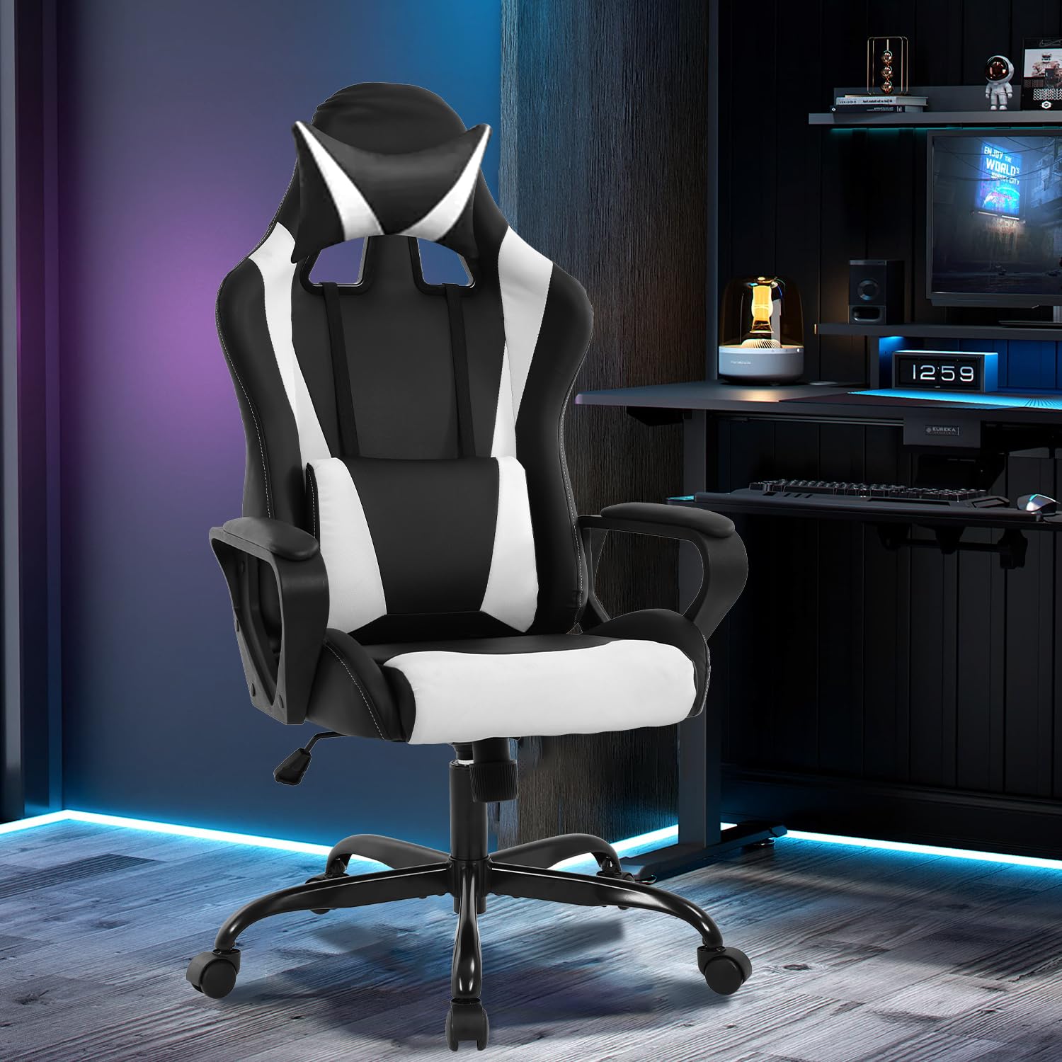 Ergonomic Gaming Chair for Adults & Kids - High Back Office Computer Chair with Adjustable Height, Lumbar Support, Headrest & Reclining Function - Perfect for Gaming, Working & Studying - White