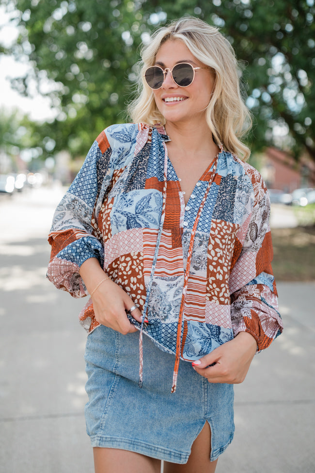 Outlook On Life Brown Multi Patchwork Printed Blouse - Women's Boho Chic Tunic Top for Casual Wear & Office Outfits