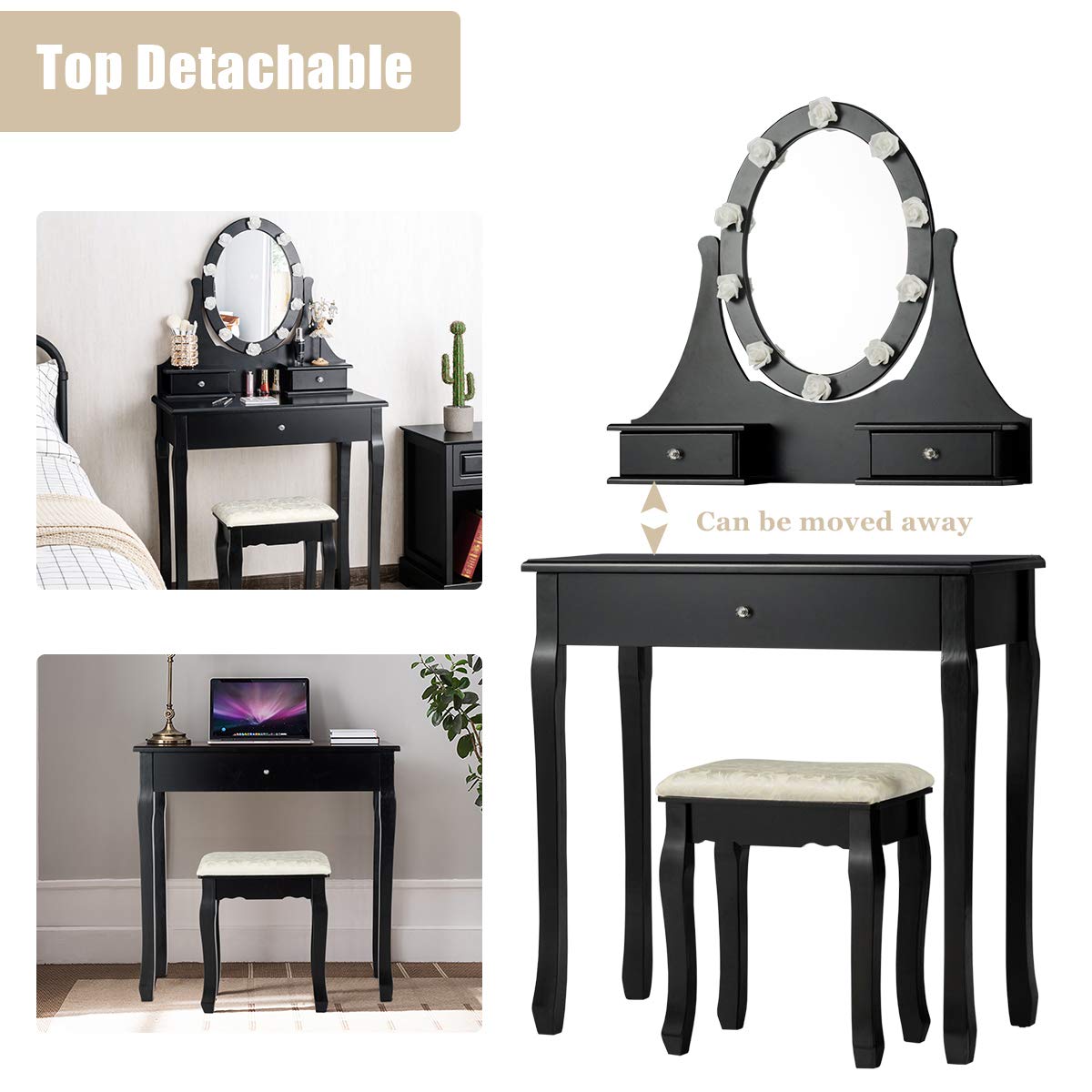 GOFLAME Vanity Table Set with 360° Rotating LED Makeup Mirror, 3-Drawer Dressing Table & Cushioned Stool - Elegant Black Bedroom Vanity for Women & Girls | Perfect for Makeup, Skincare & Hair Styling