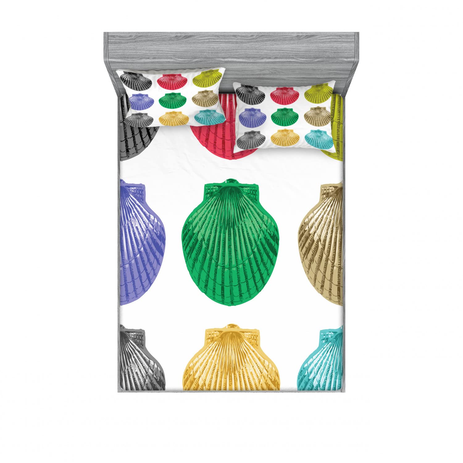 Ambesonne 2-Pack Queen Size Fitted Sheet Set with 4 Pillow Shams - Vibrant Seashell Pattern Multicolor Bedding Collection | Coastal & Bohemian Style Bedroom Decor | Perfect for Guest Rooms, Vacation Homes, Beach House & Coastal Themed Interiors | Soft & Breathable for All-Season Comfort