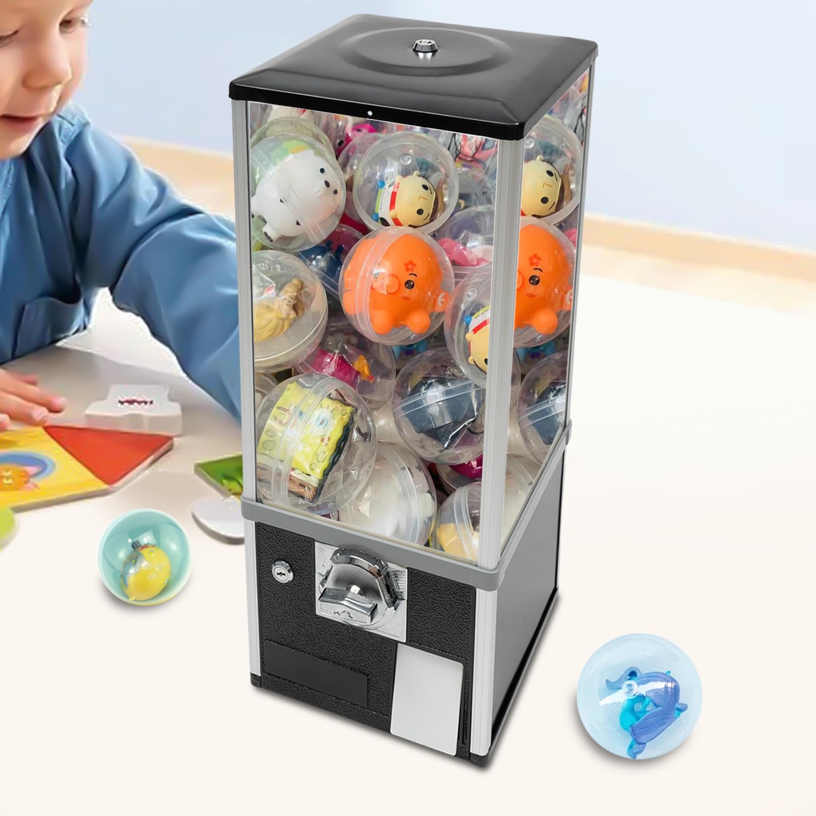 Commercial Toy & Candy Capsule Vending Machine - Dual Coin Operated Gumball Prize Dispenser for Arcade, Gaming Store & Retail (Black) - Perfect for Kids' Parties, Shopping Malls & Entertainment Centers