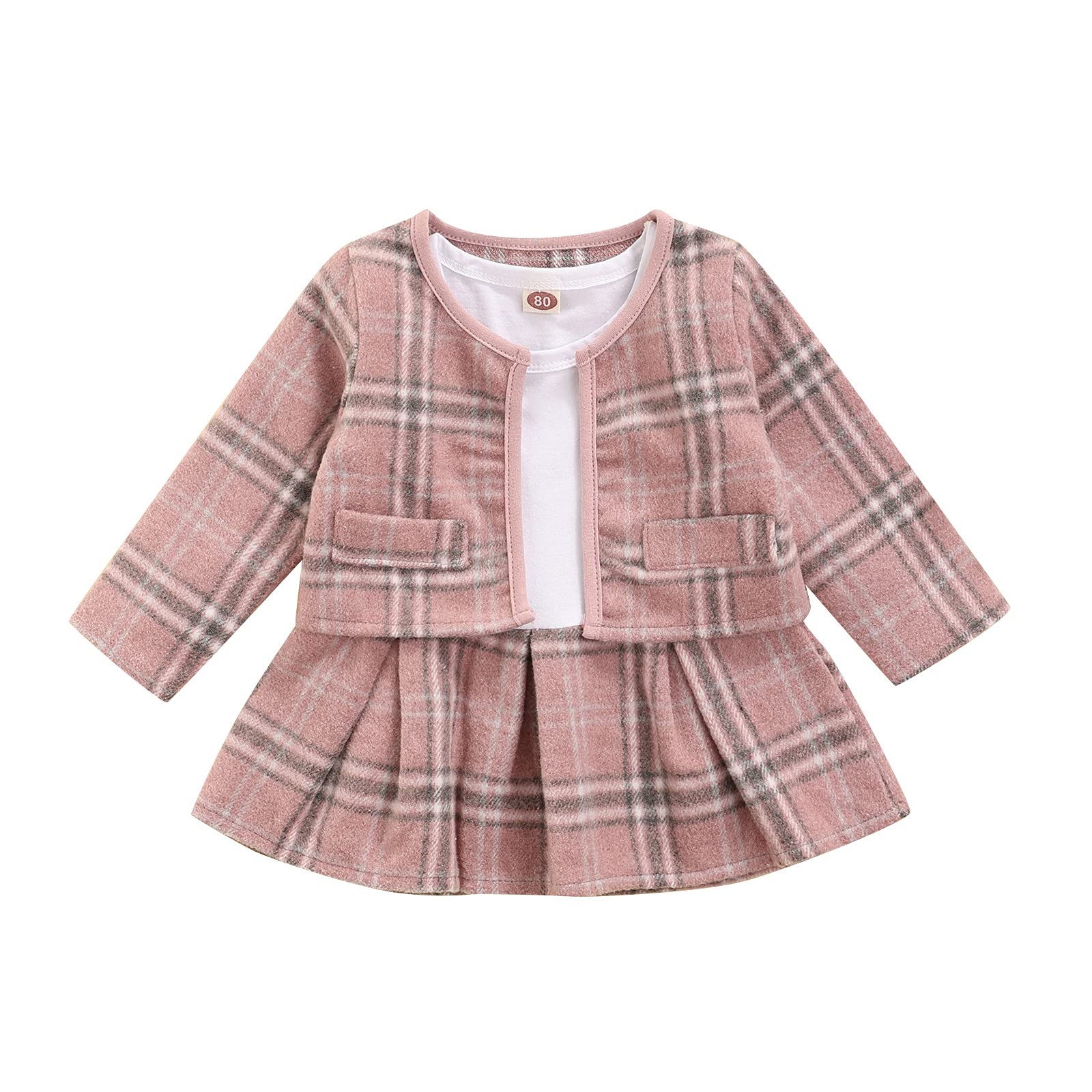 Adorable Baby Girl Spring & Fall Outfit - Long Sleeve Plaid Jacket & Printed Dress 2-Piece Skirt Set | Perfect for Playdates, Family Photos & Special Occasions