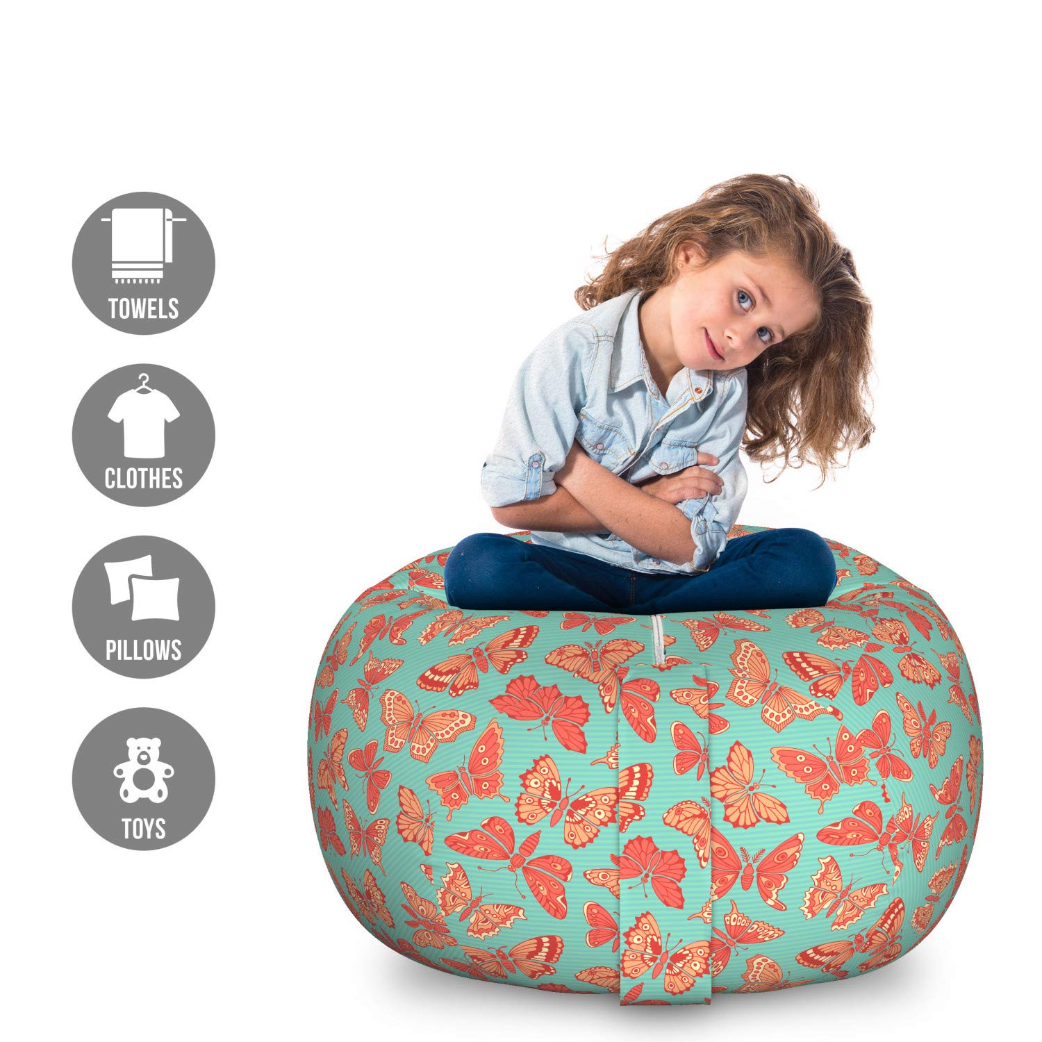 Ambesonne Butterfly Toy Storage Bag Chair - Large Washable Stuffed Animal Organizer in Tangerine & Vermilion Sea Green | Kids Room Decor, Playroom Organization, Nursery Storage Solution
