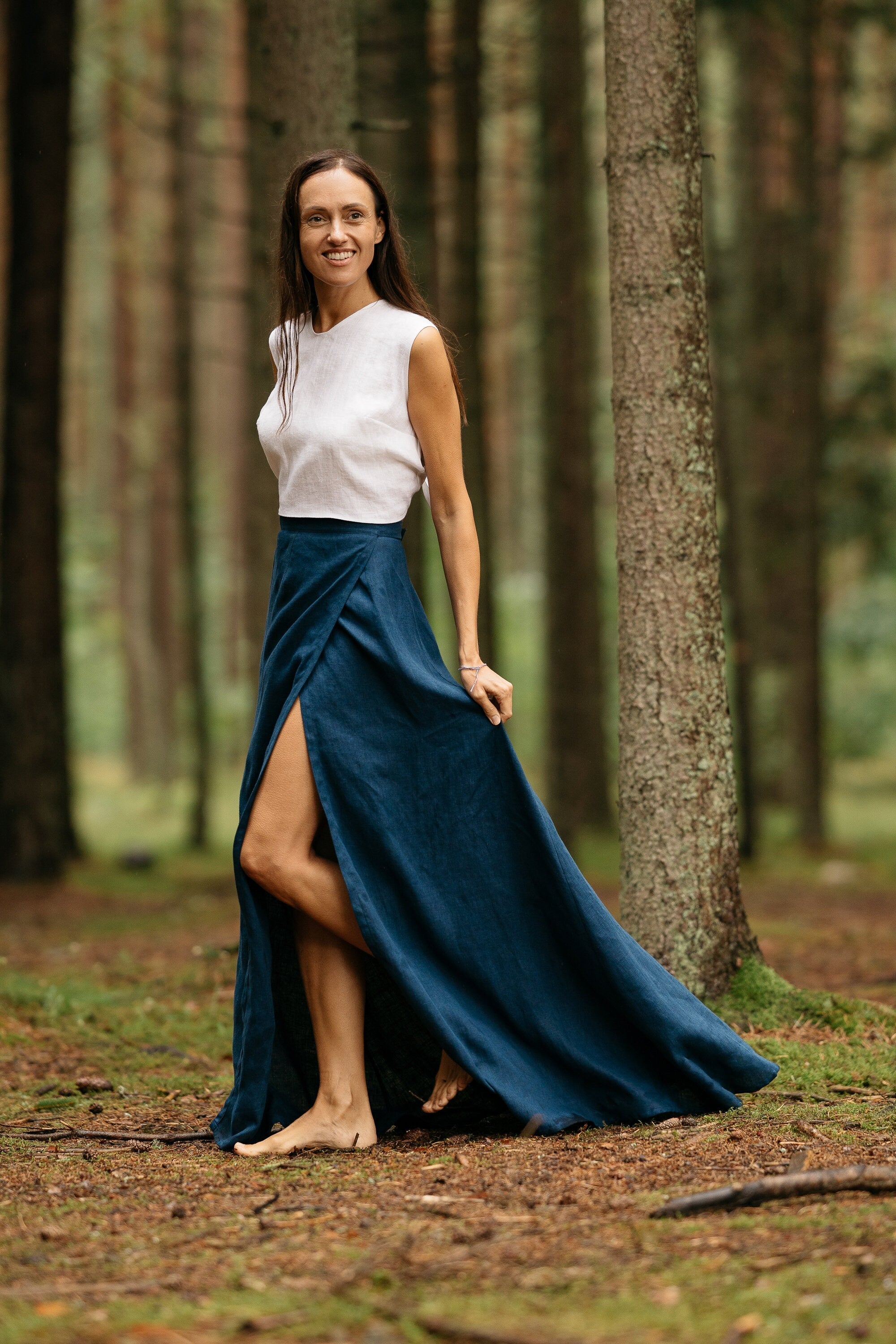 Midnight Blue Wrap Linen Maxi Skirt for Women - Boho Chic Beach Skirt with Side Slit, Summer Vacation & Casual Outfit Essential