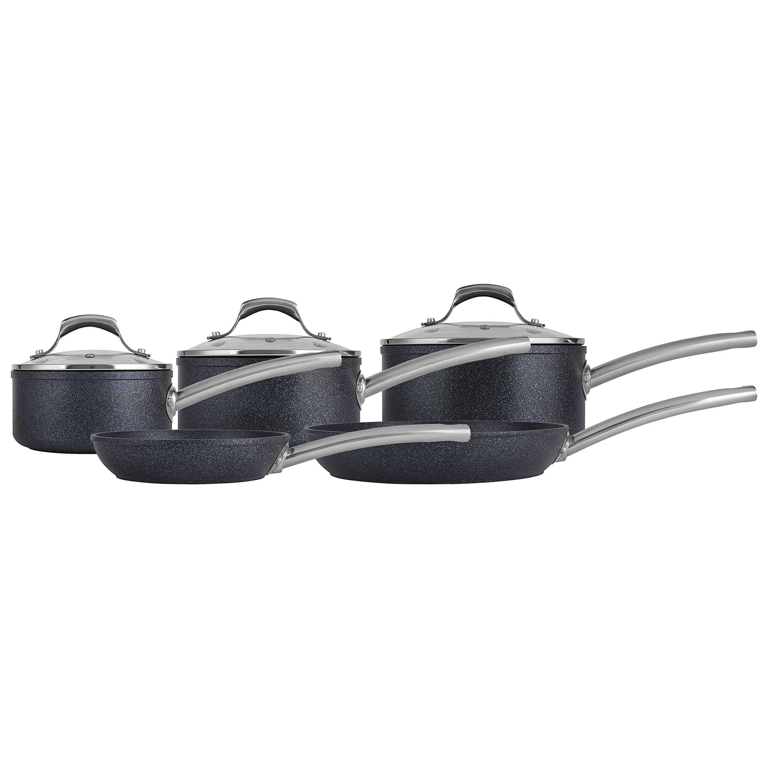 Trustone Non-Stick Frying Pan and Saucepan Set - 5 Piece Aluminum Cookware with Easy Clean Coating - Violet Black Kitchen Essentials for Sauteing, Frying & Cooking Pasta