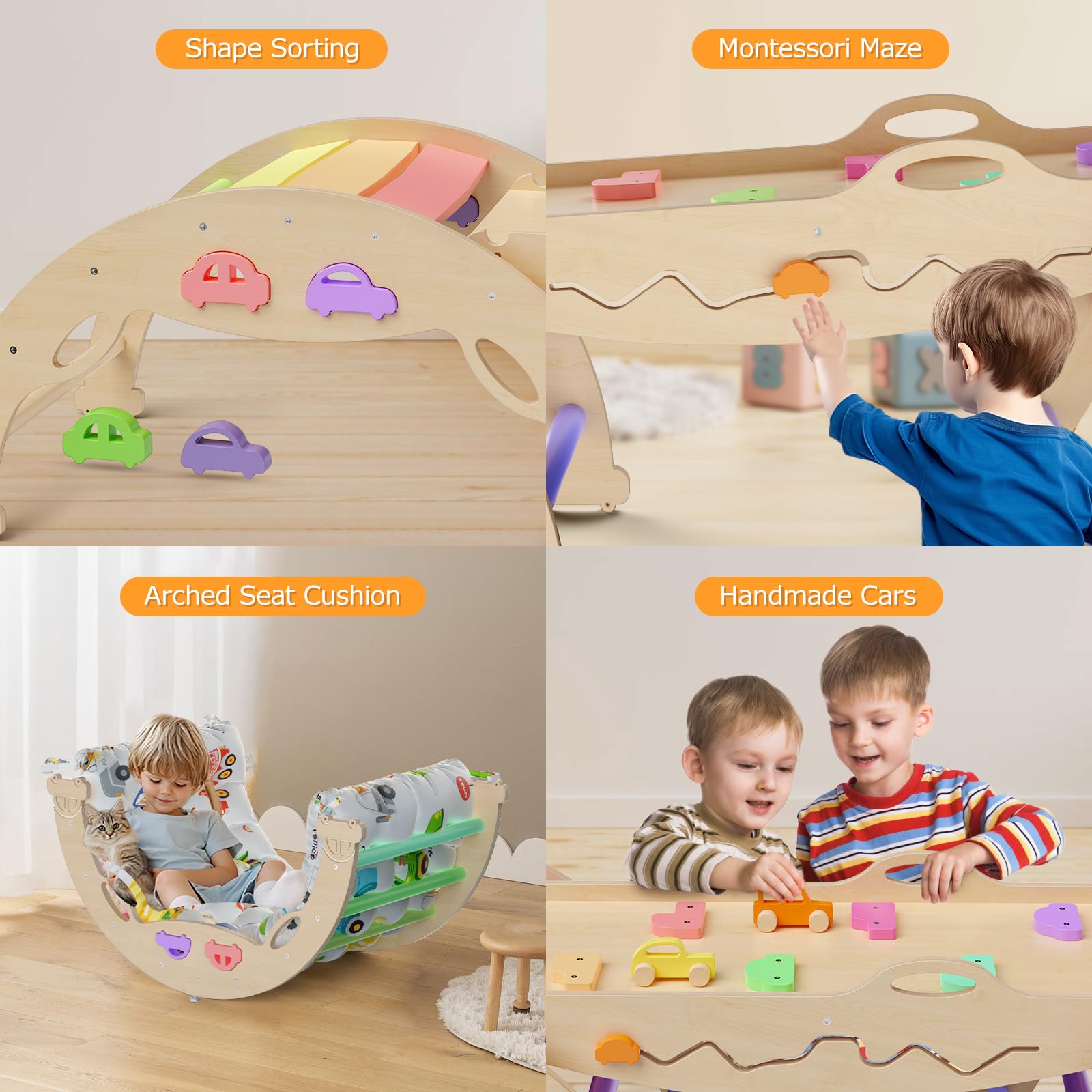 Foldable Pikler Triangle Set with Cushion - 9-in-1 Montessori Climbing Toys for Toddlers 1-3 Years | Indoor Wooden Play Gym with Maze, Shape Sorter & Car Toys | Perfect for Home Playrooms, Daycares & Montessori Learning Spaces