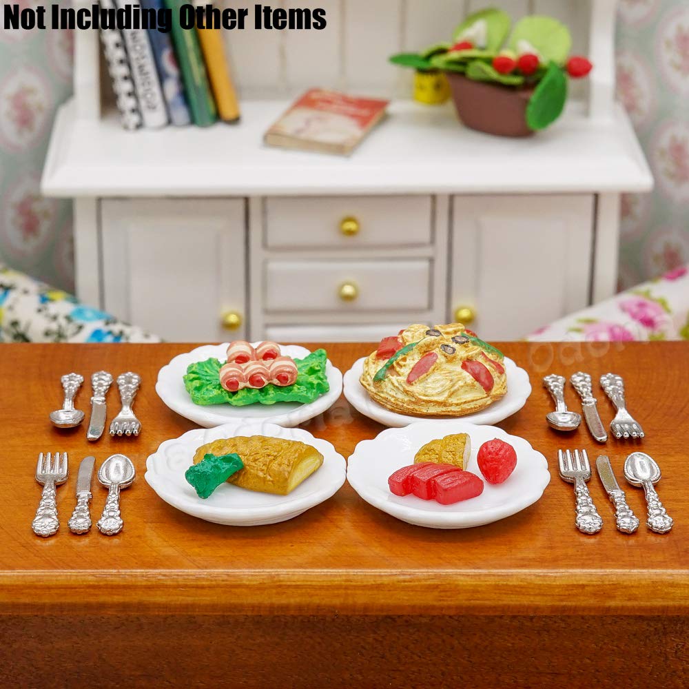 1/12 Scale Miniature Plates & Silverware Set - Knife Fork Spoon Dollhouse Accessories for 1:12 Scale Models (Silver) | Perfect for Dollhouse Dining Room, Miniature Displays & Model Train Scenes