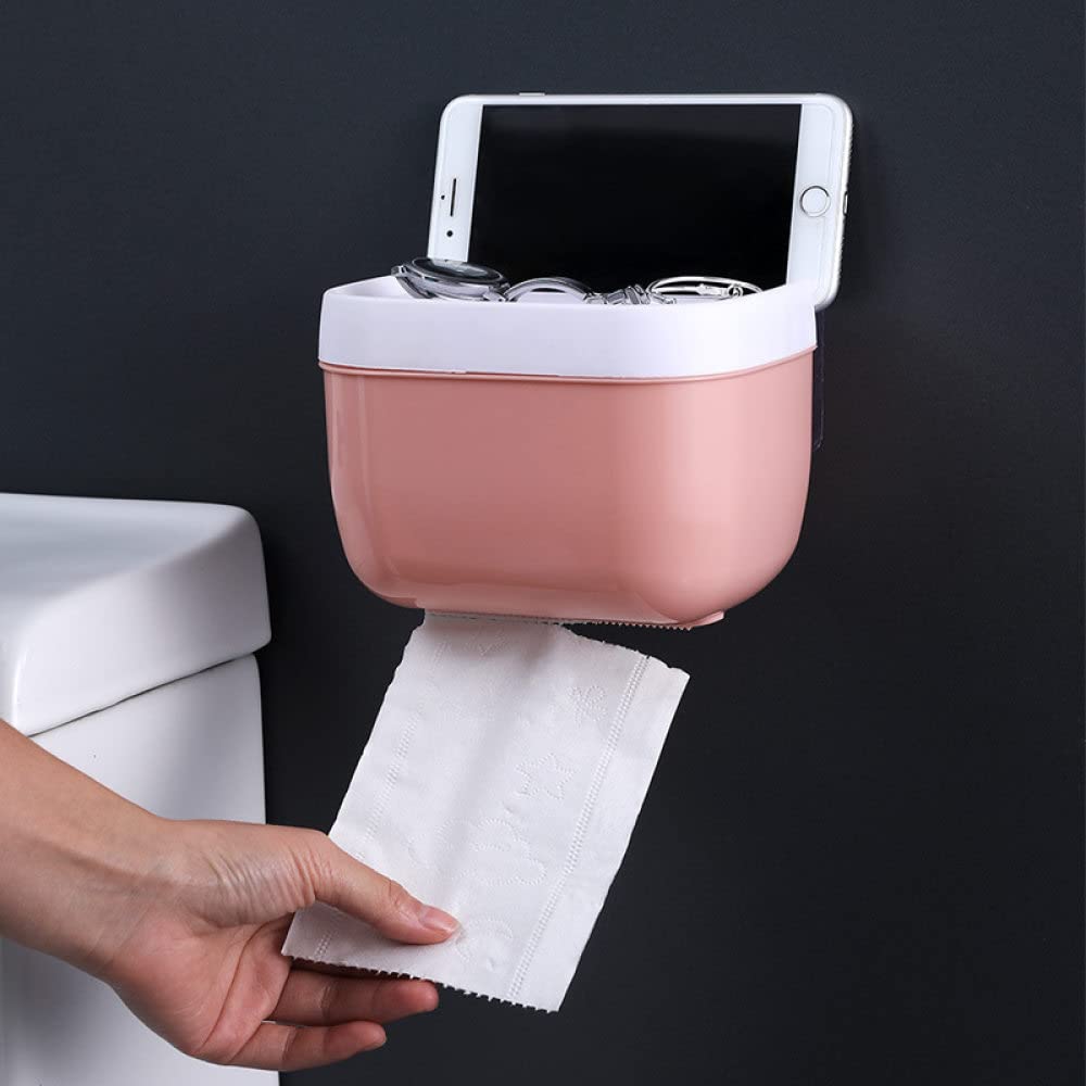 Wall Mount Tissue Holder & Bathroom Storage Box - Punch-Free Phone Rack & Toilet Paper Holder - Waterproof Home Organizer for Bathroom, Kitchen, Office & RV (White)