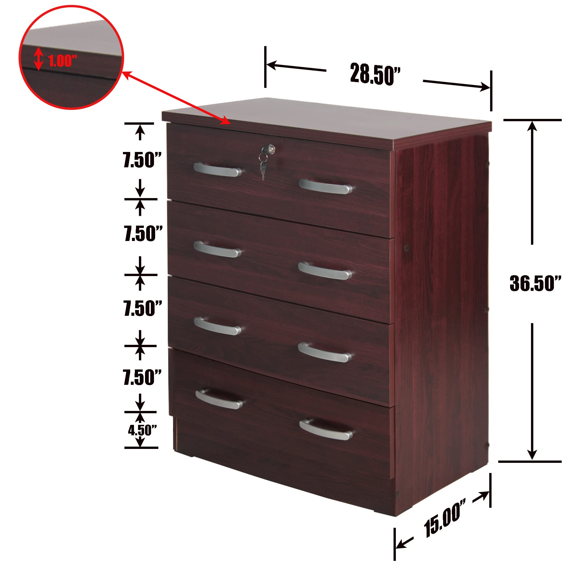 Better Home Products Cindy 4-Drawer Wooden Dresser with Lock - Solid Mahogany Chest for Bedroom Storage & Organization | Perfect for Master Bedroom, Guest Room, or Nursery Furniture