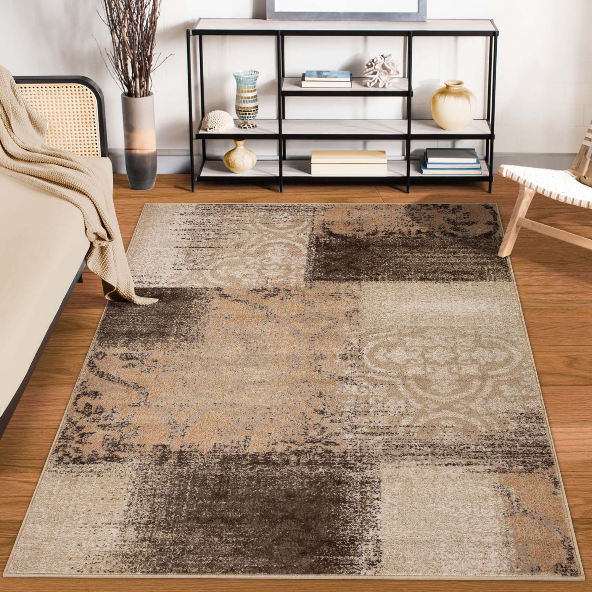Bristol Distressed Abstract Damask Indoor Area Rug - Non-Slip Living Room Carpet Runner for Bedroom, Hallway & Entryway Decor
