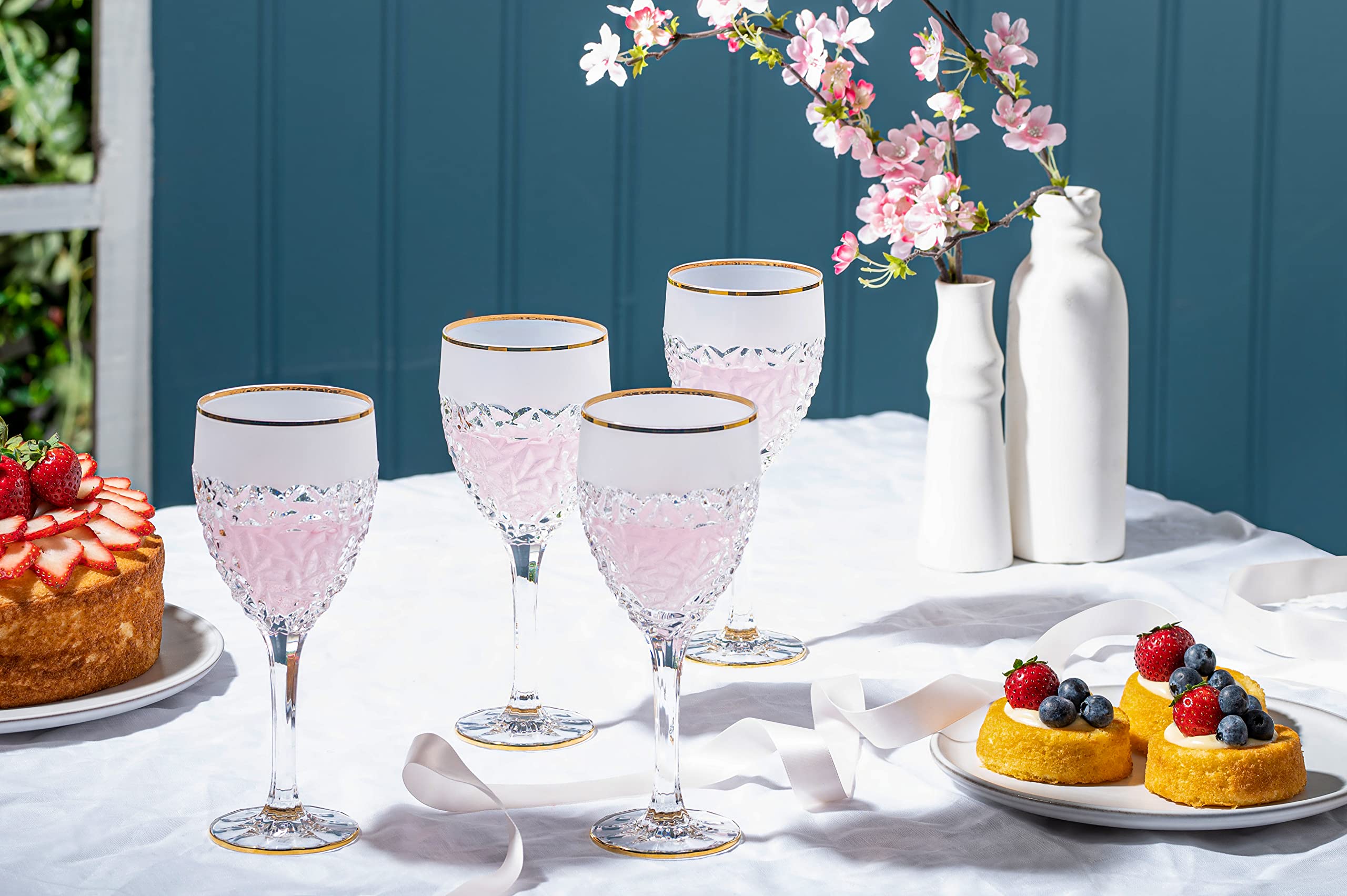 Premium 6-Piece Crystal Wine Glass Set with Frosted Border & Gold Rim - Elegant Stemmed Goblets for Red Wine, White Wine & Water - 11 oz European-Made Glassware for Dinner Parties, Weddings & Special Occasions