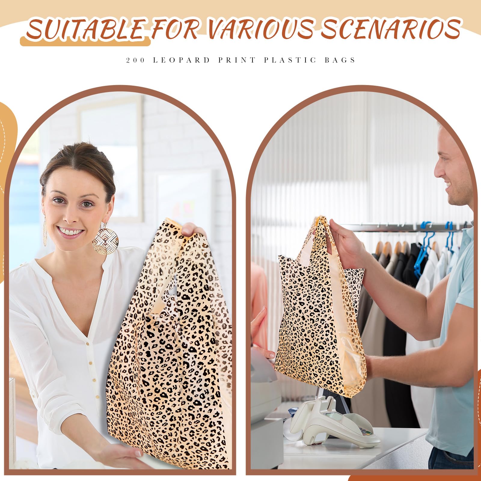 Fulmoon 200 Pcs Plastic T-Shirt Bags with Handles - 21 x 11.4 x 6 Inch Leopard Print Shopping Bags for Retail Stores, Boutiques & Small Businesses | Perfect for Gift Packaging, Merchandise Display & Customer Purchases