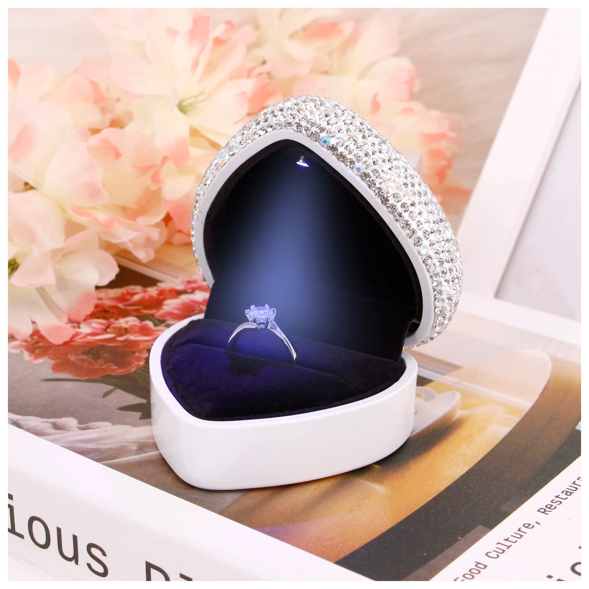 Sparkling Rhinestone Heart-Shaped LED Ring Box - Velvet Jewelry Display Case for Engagement, Wedding, Anniversary & Valentine's Gifts | Proposal Jewelry Box with Elegant Lighting for Romantic Moments