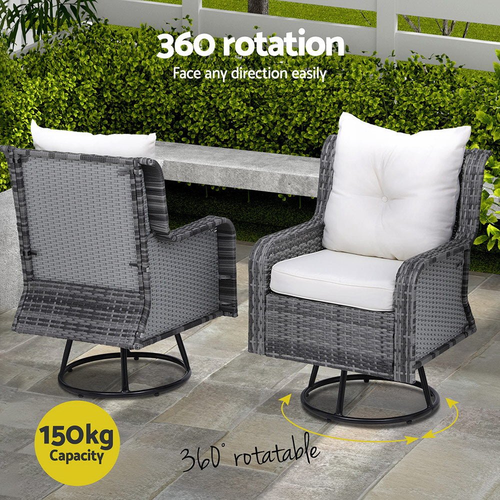 3-Piece Outdoor Patio Furniture Set - Wicker Bistro Table with 2 Swivel Chairs & Cushions in Gray - Perfect for Garden, Balcony, and Poolside Relaxation
