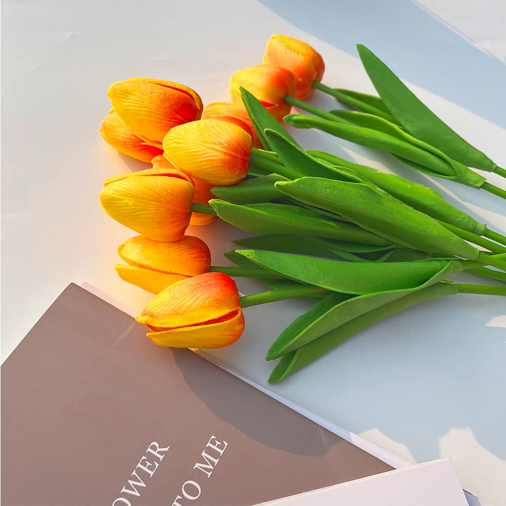 10 Pcs Realistic PU Touch Tulips Artificial Flowers - Orange Fake Tulip Bouquets for Home, Office, Wedding & Party Decorations - Perfect for Centerpieces, Table Arrangements & DIY Crafts