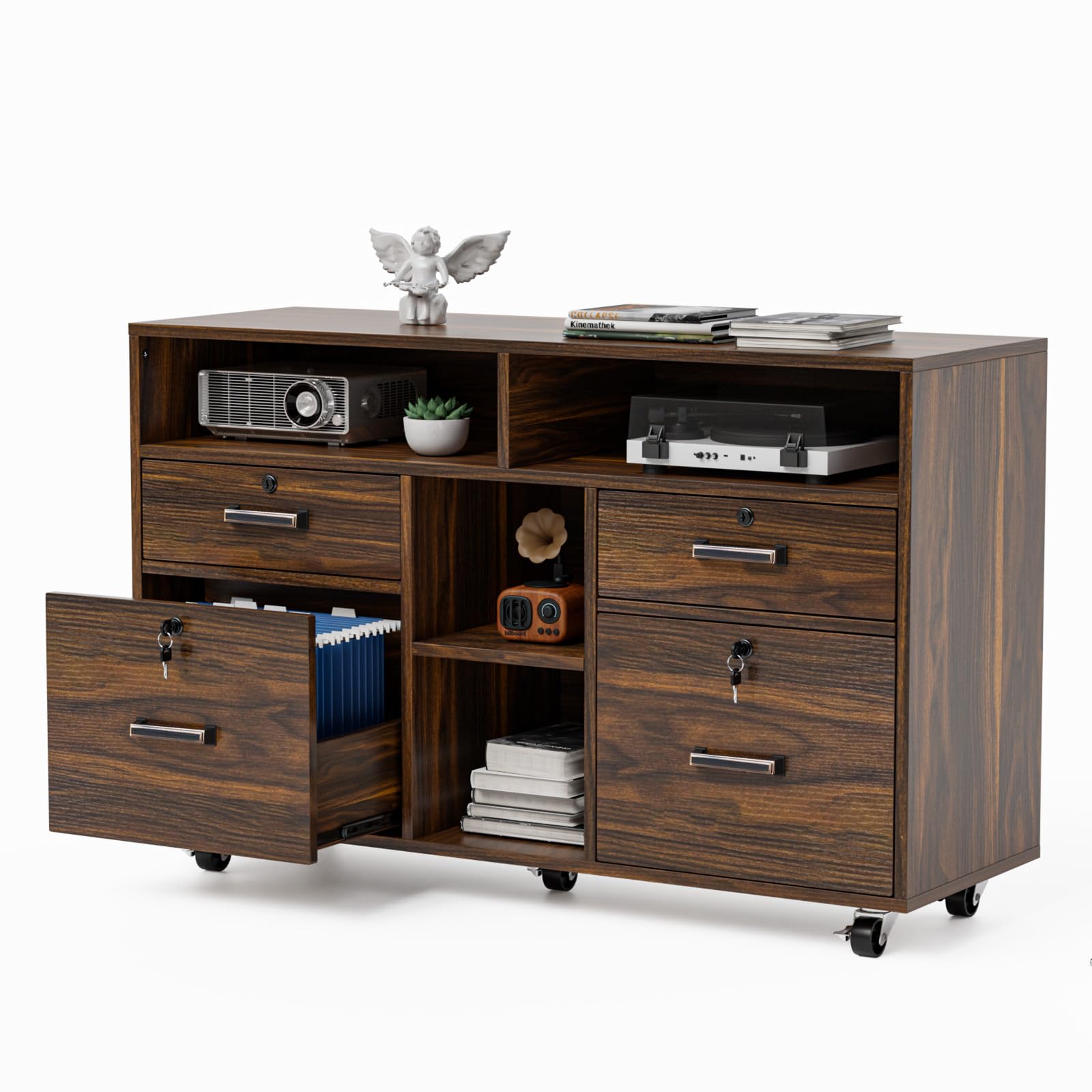 VINGLI 4-Drawer Wood Lateral File Cabinet with Lock & Open Shelves - Lockable Rolling Office Storage for Letter Size Files, Dark Brown - Perfect for Home Office, Printer Stand & Document Organization