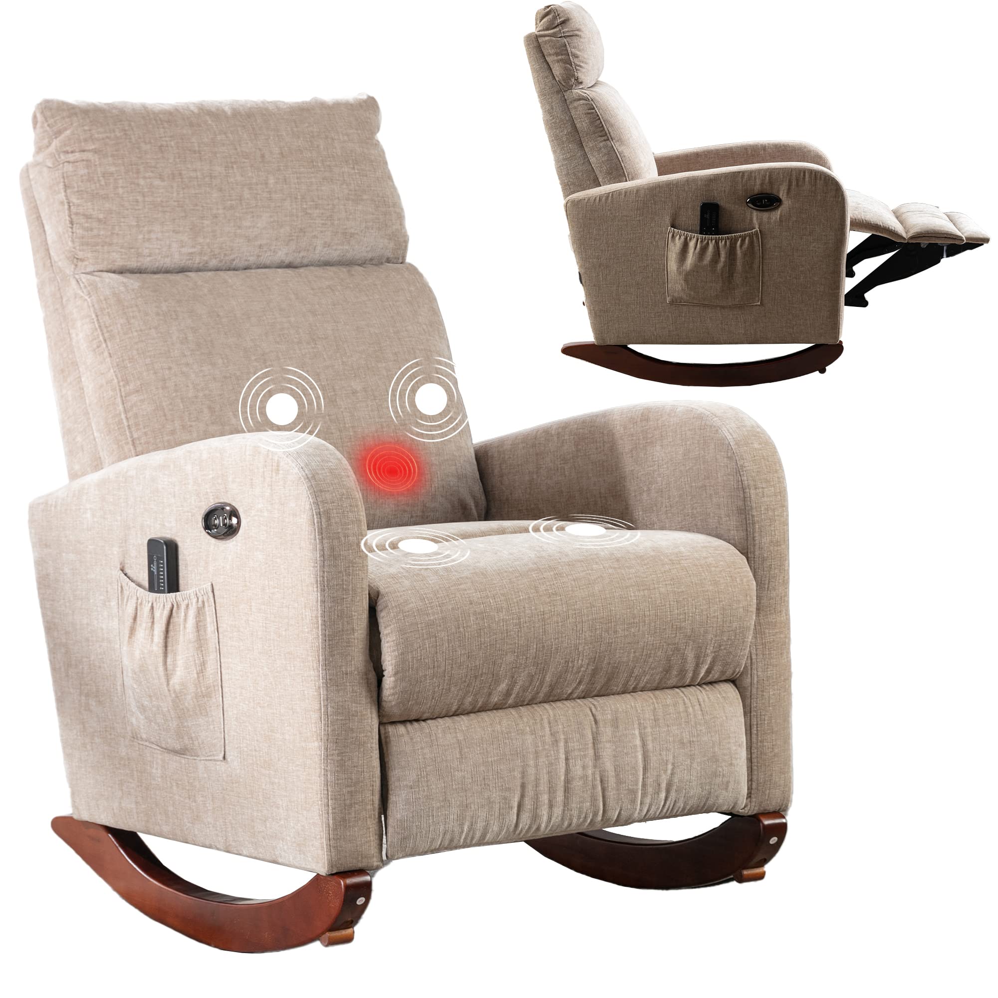 Electric Massage Recliner Chair with Heat & USB Port - Modern Rocking Glider Chair for Nursery, Living Room & Office - Upholstered Chenille Fabric Armchair with Tall Back Support - Perfect for Relaxation, Nursing & Home Decor (Camel)