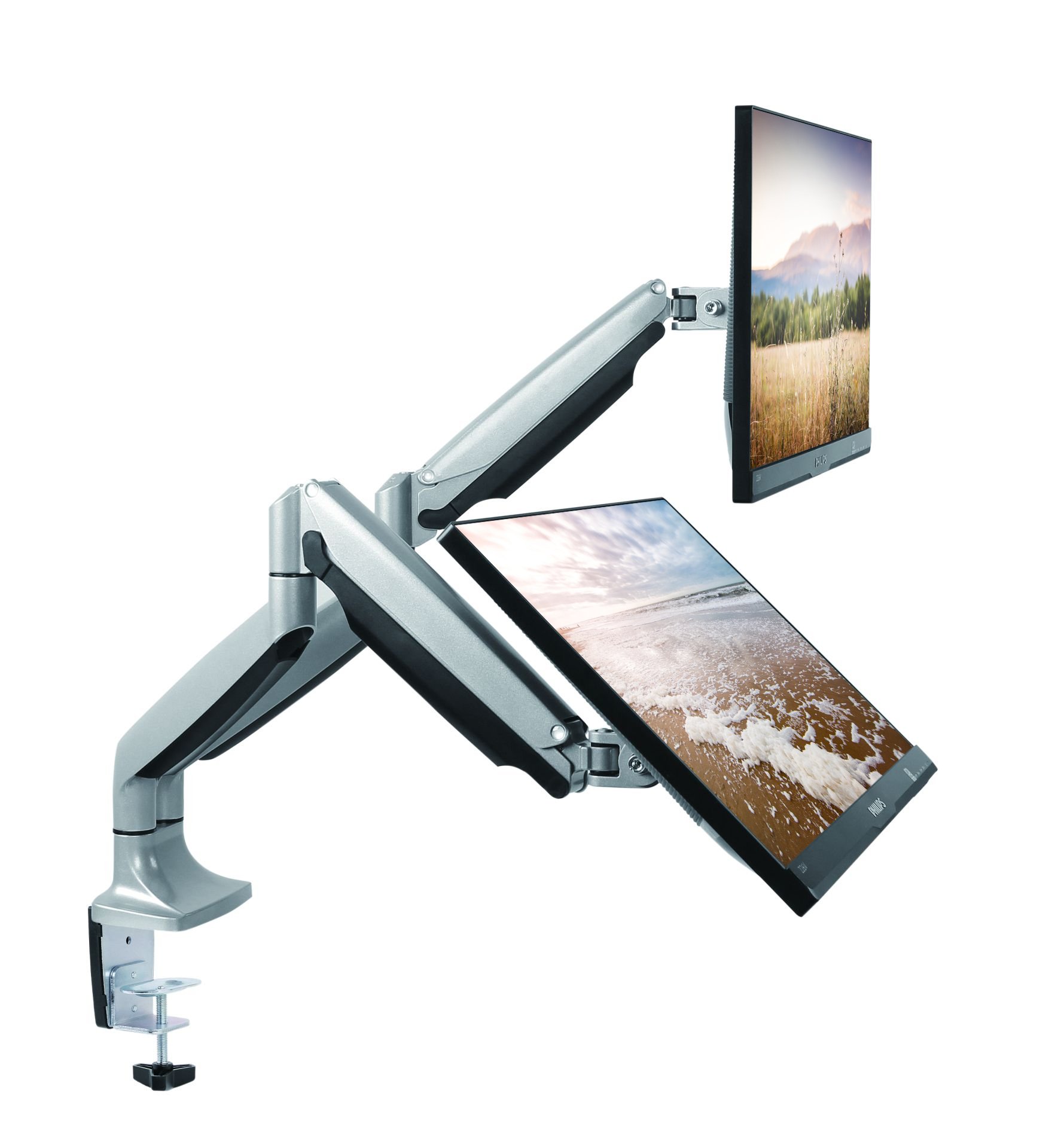 TechOrbits Dual Monitor Stand - Adjustable 2 Monitor Arm Mount for 13-30 Inch Screens, Full Motion Swivel, Clamp & Gas Springs - Ergonomic Computer Desk Mount for Home Office, Gaming & Workstations