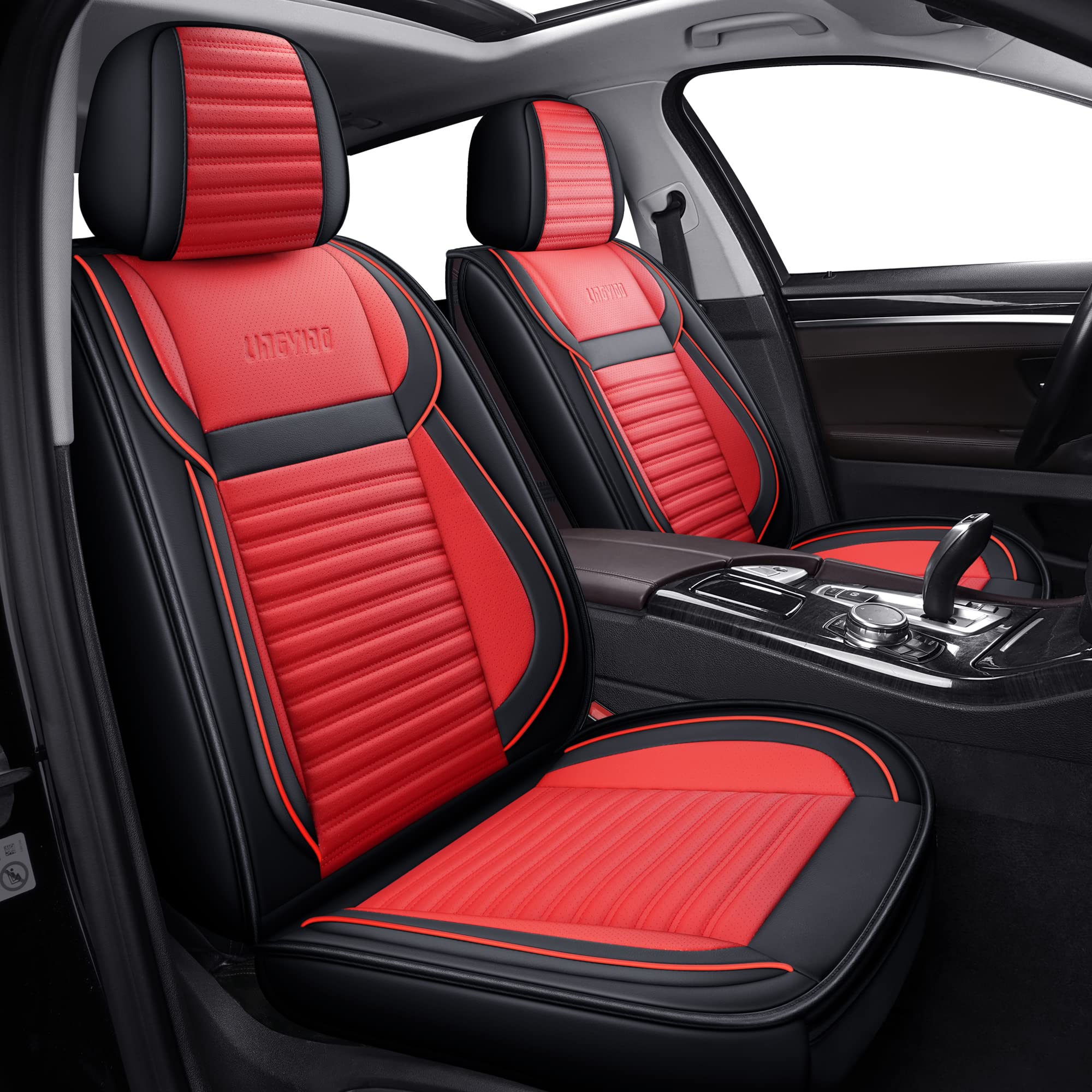 Premium LINGVIDO Universal Car Seat Covers - Breathable Faux Leather, Anti-Slip Design for Cars, SUVs, Trucks & Sedans (Red & Black) | Perfect for Road Trips, Daily Commute & Vehicle Protection