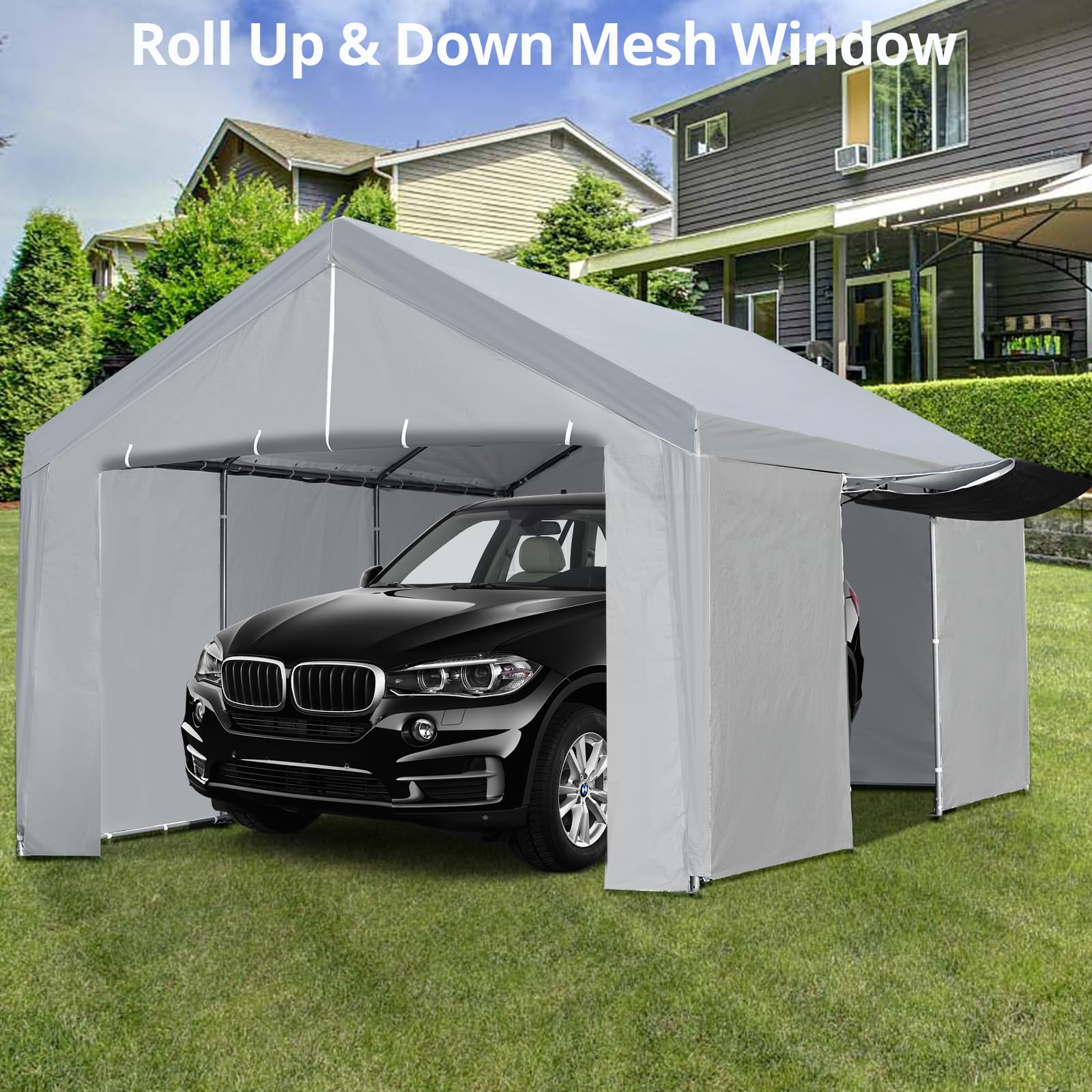 Heavy Duty 13'x20' Portable Carport Canopy - Grey Car Garage Shelter with Removable Sidewalls & Door for Truck Storage, Outdoor Parties & Vehicle Protection