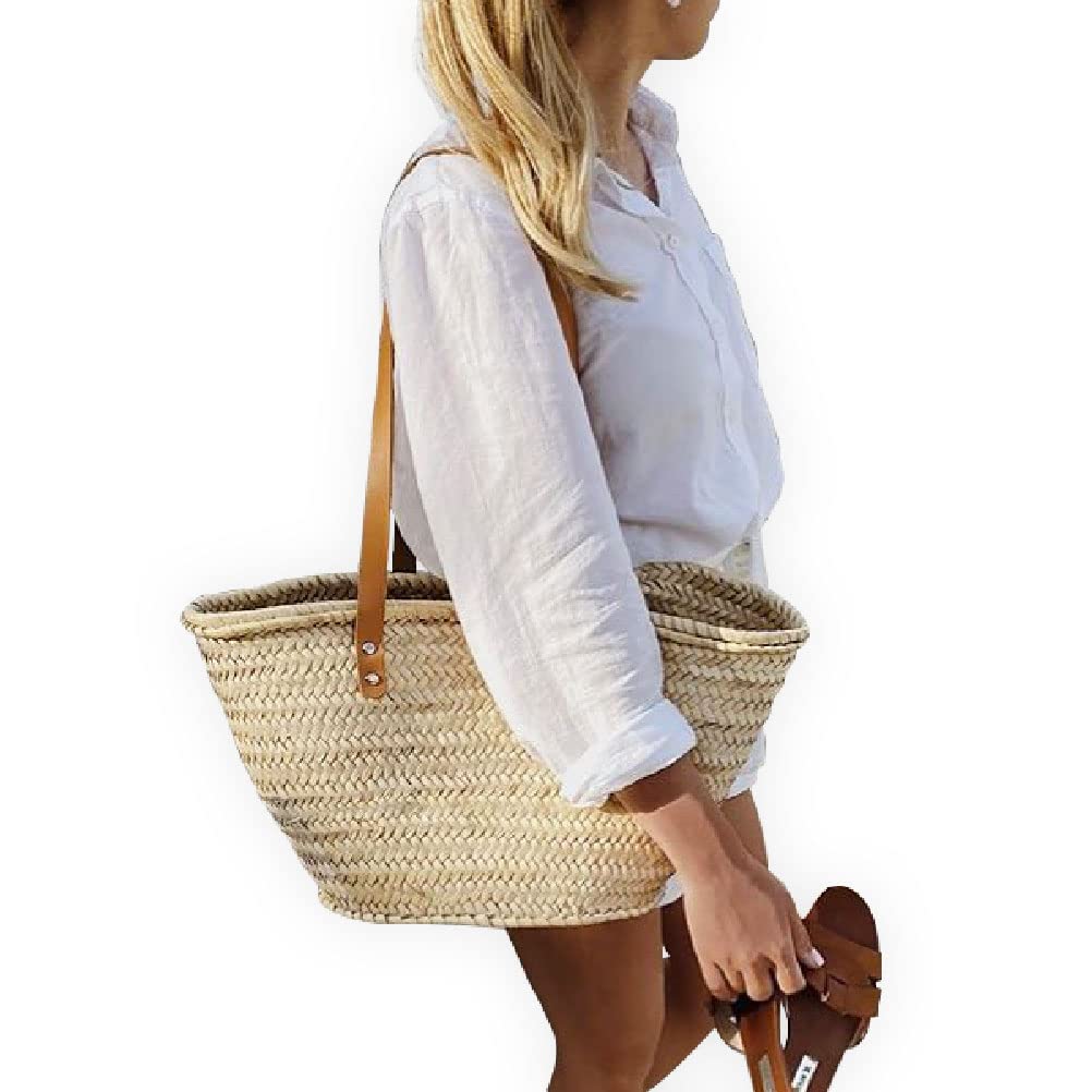 French Straw Basket Bag with Leather Handles - Eco-Friendly Beach Tote, Woven Market Shopping Basket for Women | Perfect for Beach Outings, Picnics, and Farmers Market Trips