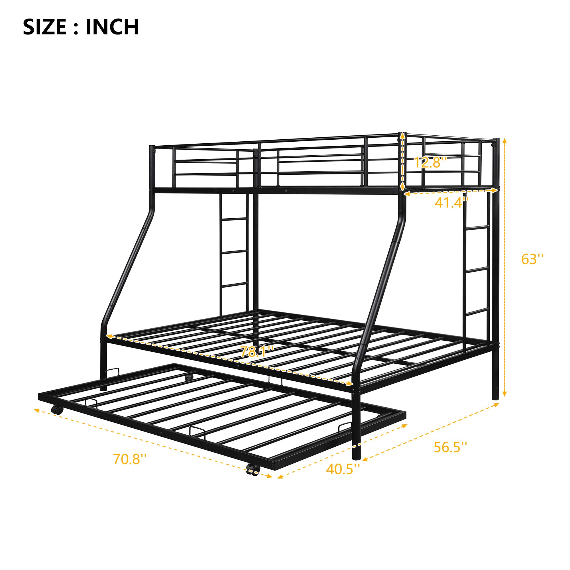 Metal Bunk Beds Twin Over Full Size with 2 Ladders & Trundle - Sturdy Space-Saving Bed for Kids, Teens & Adults (Black) - Perfect for Small Bedrooms, Guest Rooms & Dormitories